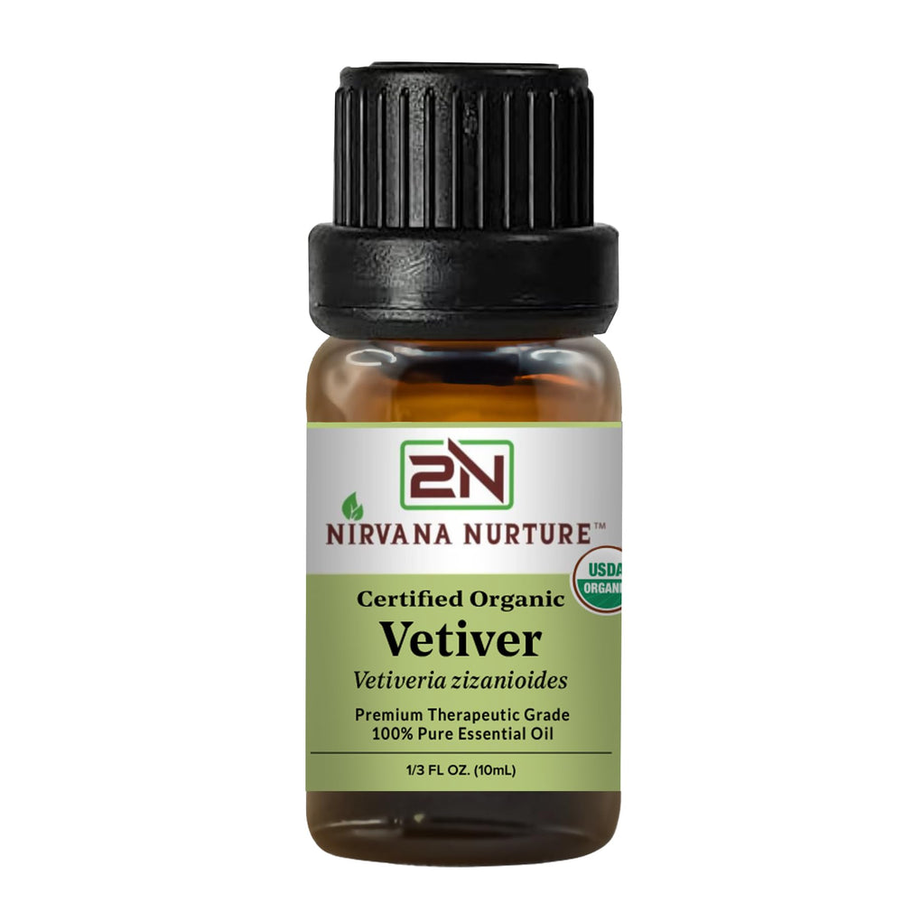 Nirvana Nurture Vetiver oil bottle showing pure organic product for calm moments