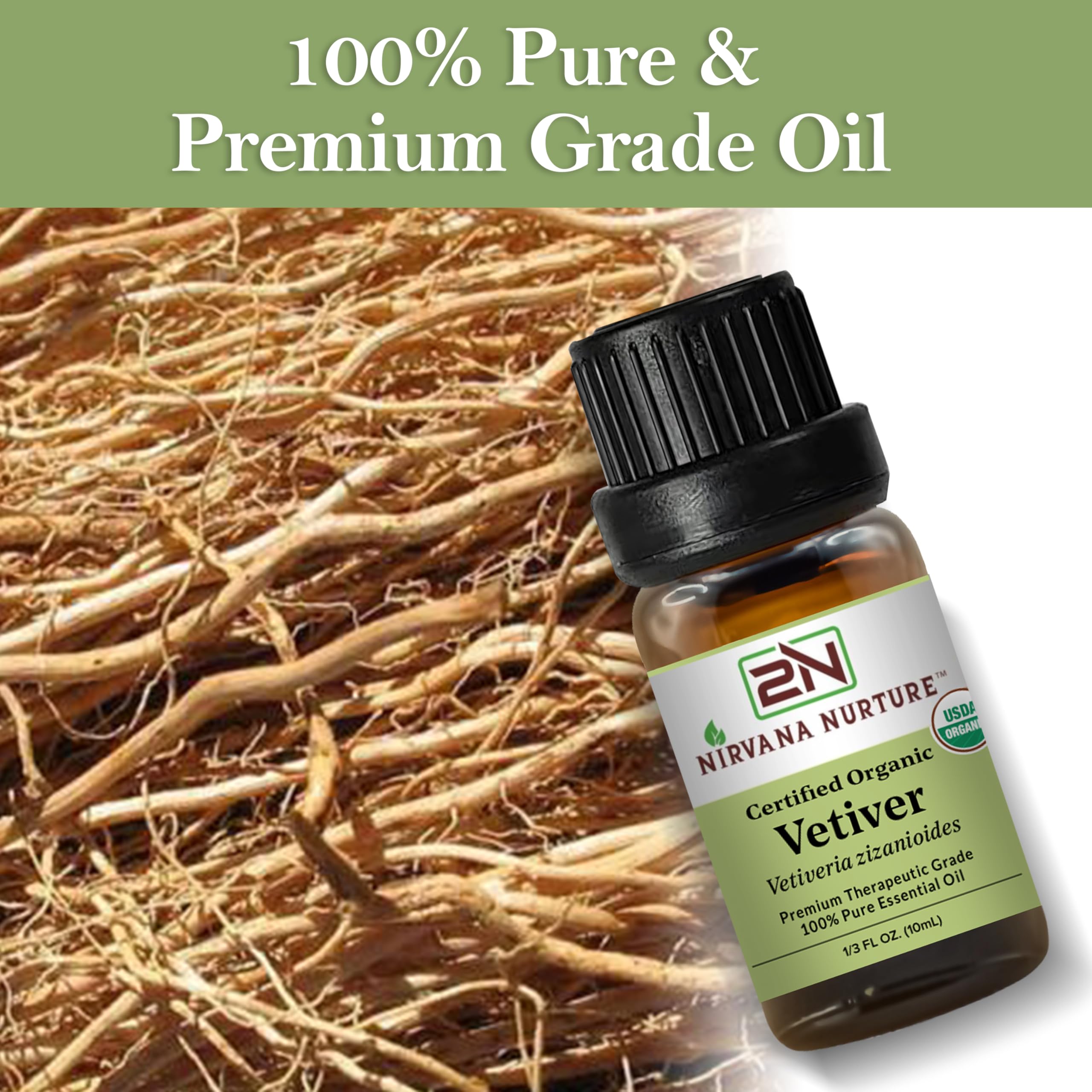 Nirvana Nurture Vetiver bottle with GC/MS testing label highlighting purity
