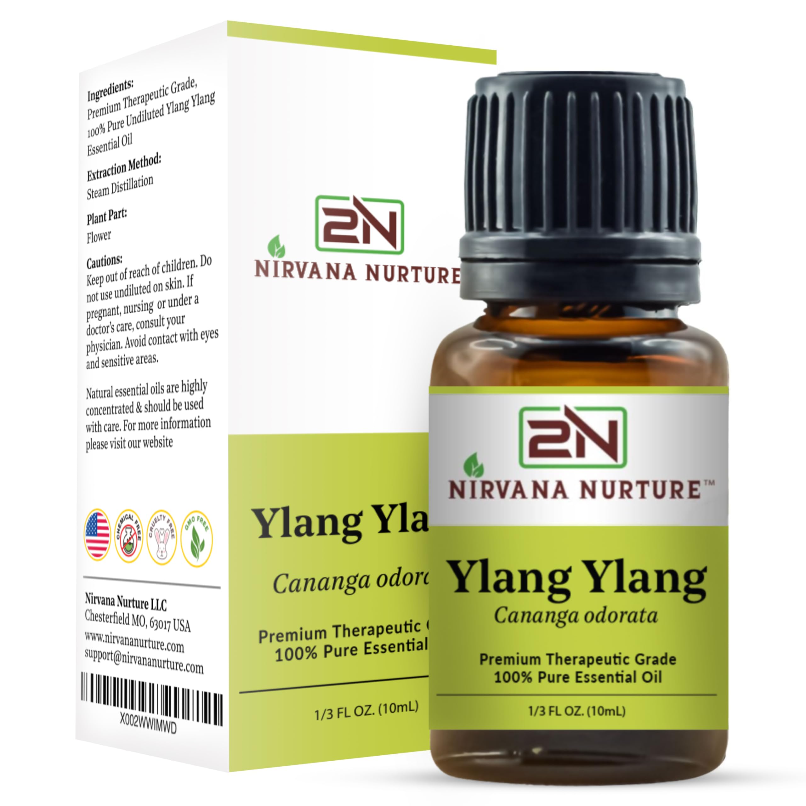 Nirvana Nurture Ylang Ylang bottle with transparent label highlights purity