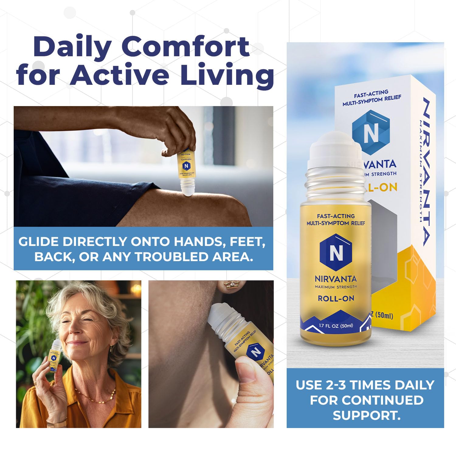 Nirvanta fast-absorbing roll-on close-up highlights quick relief.