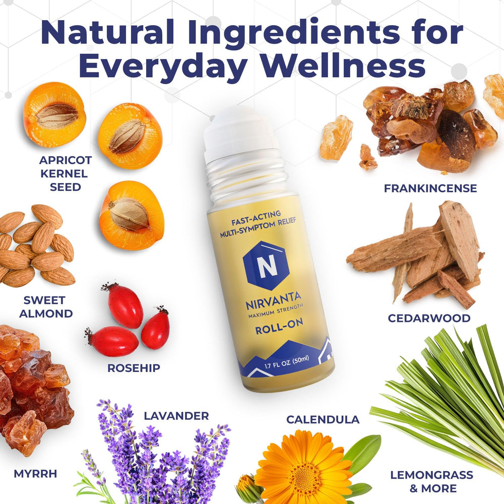 Nirvanta ingredient blend with rosehip and frankincense highlights natural care.
