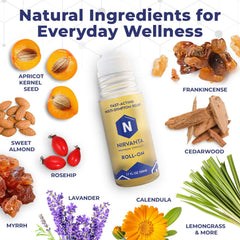 Nirvanta ingredient blend with rosehip and frankincense highlights natural care.