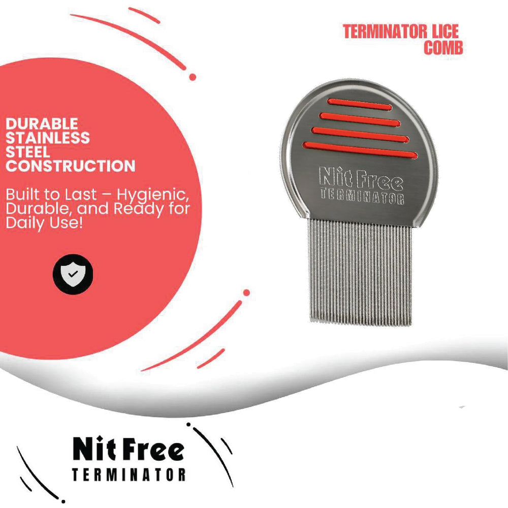 Nit Free Terminator comb made of stainless steel, indicating durability and easy sterilization.