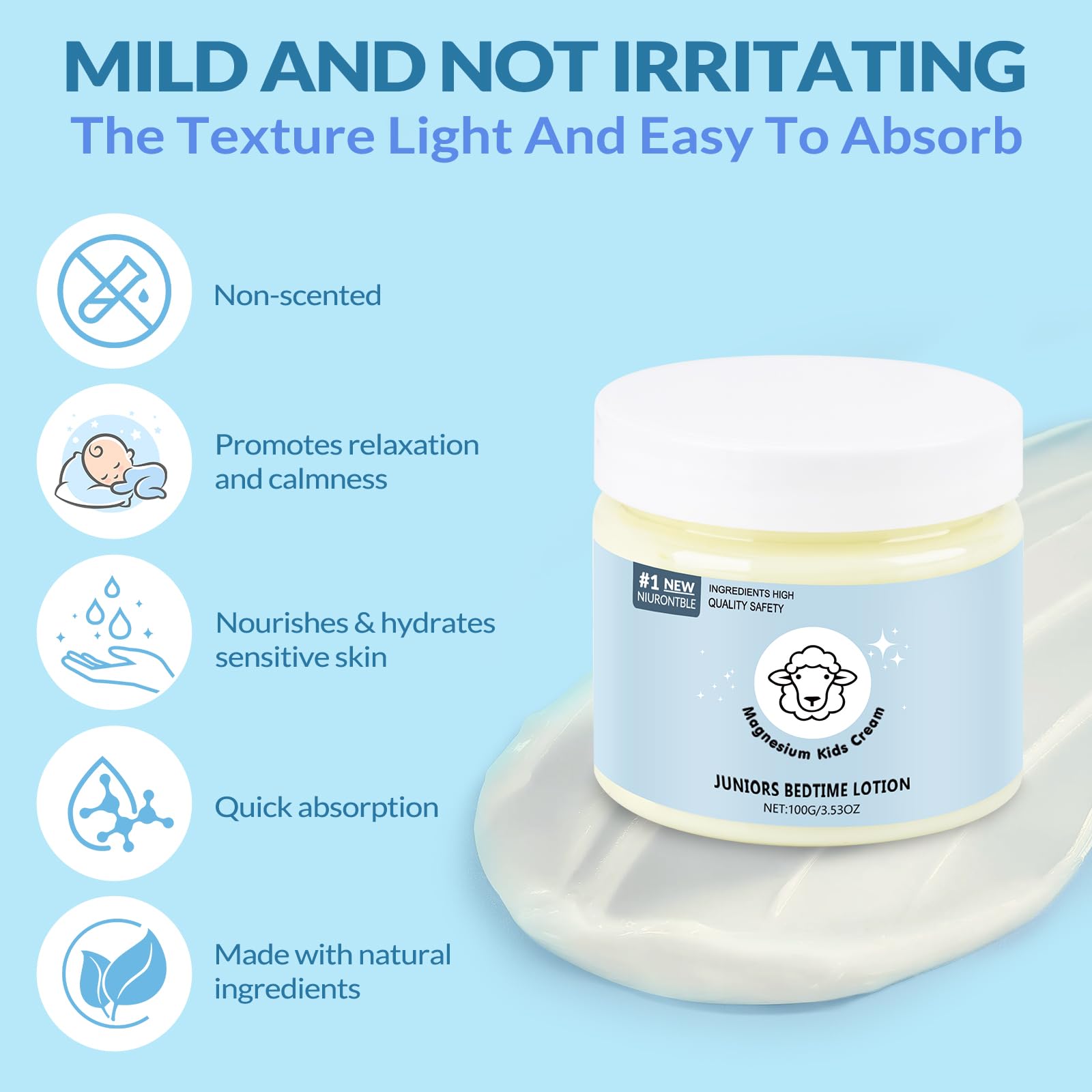 Niurontble Magnesium Lotion for Kids application close-up, relaxing before sleep with non-greasy formula.