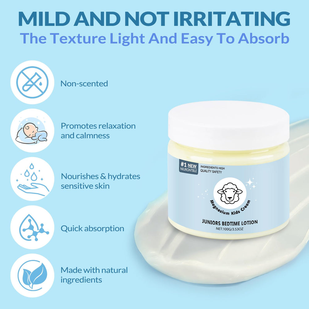 Niurontble Magnesium Lotion for Kids application close-up, relaxing before sleep with non-greasy formula.