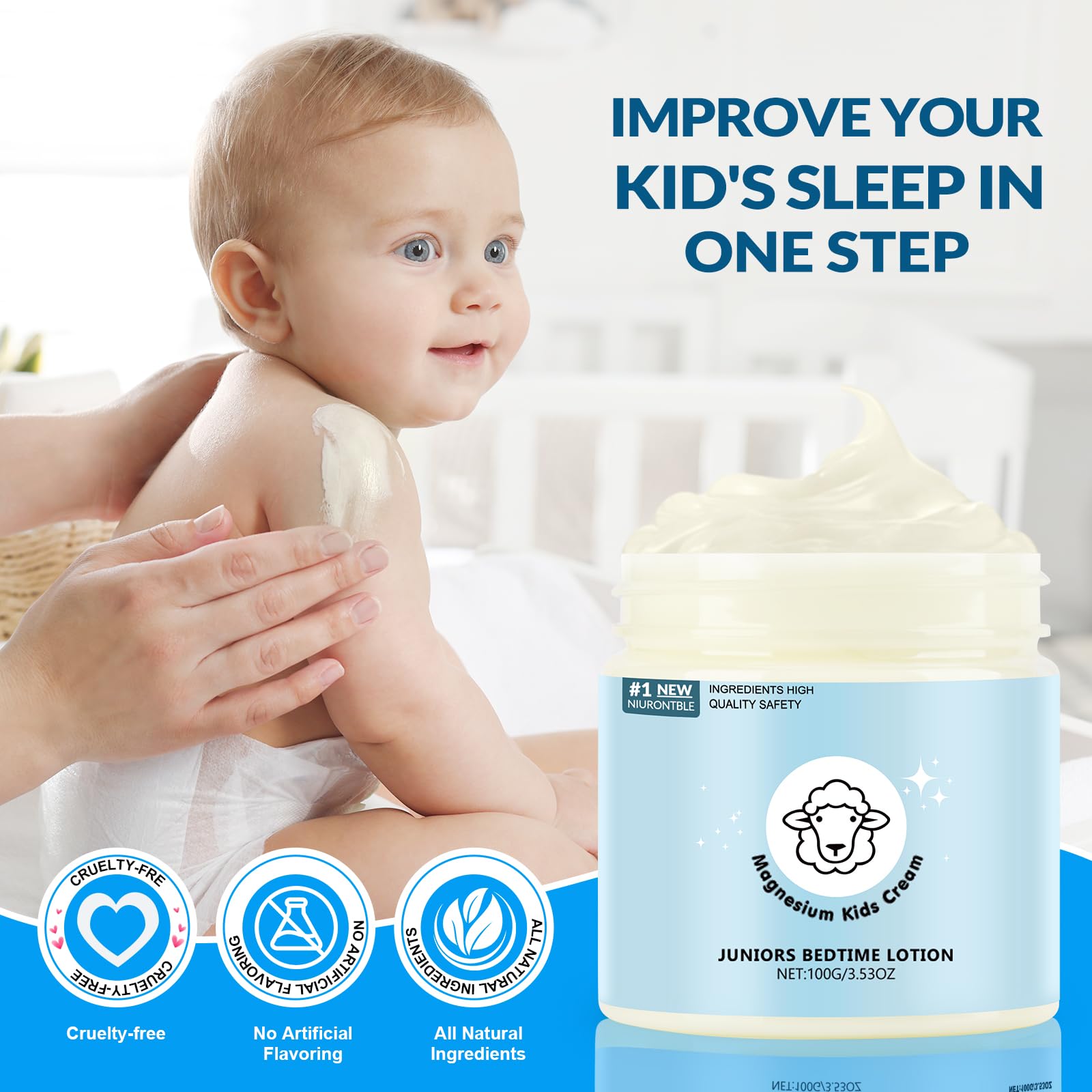 Niurontble lotion on arm, quick absorption for a soothing nightly routine.