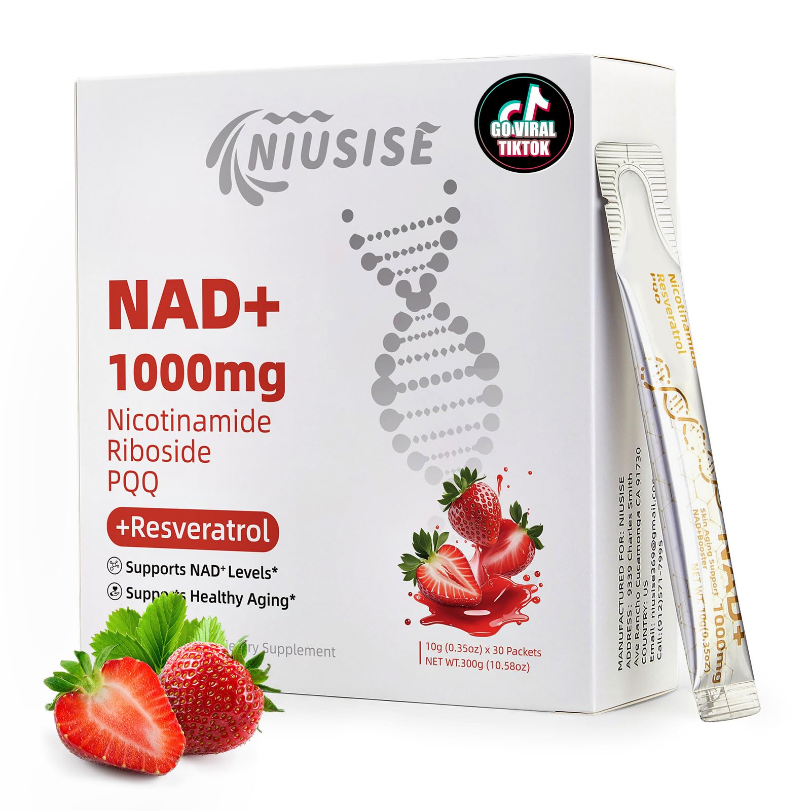 NIUSISE NAD+ liquid bottle on counter for easy daily energy support