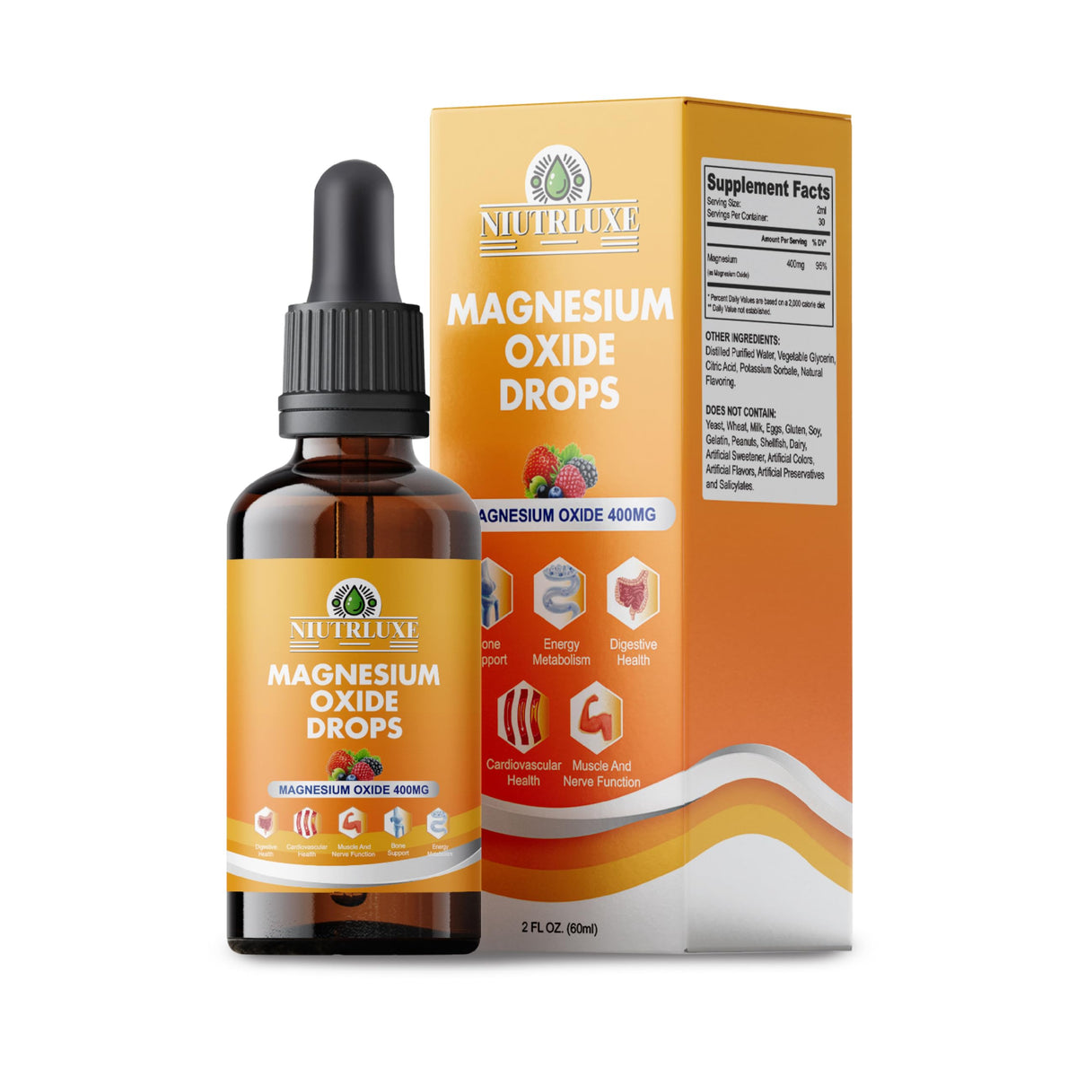 NIUTRLUXE liquid magnesium oxide drops bottle for daily mineral support.