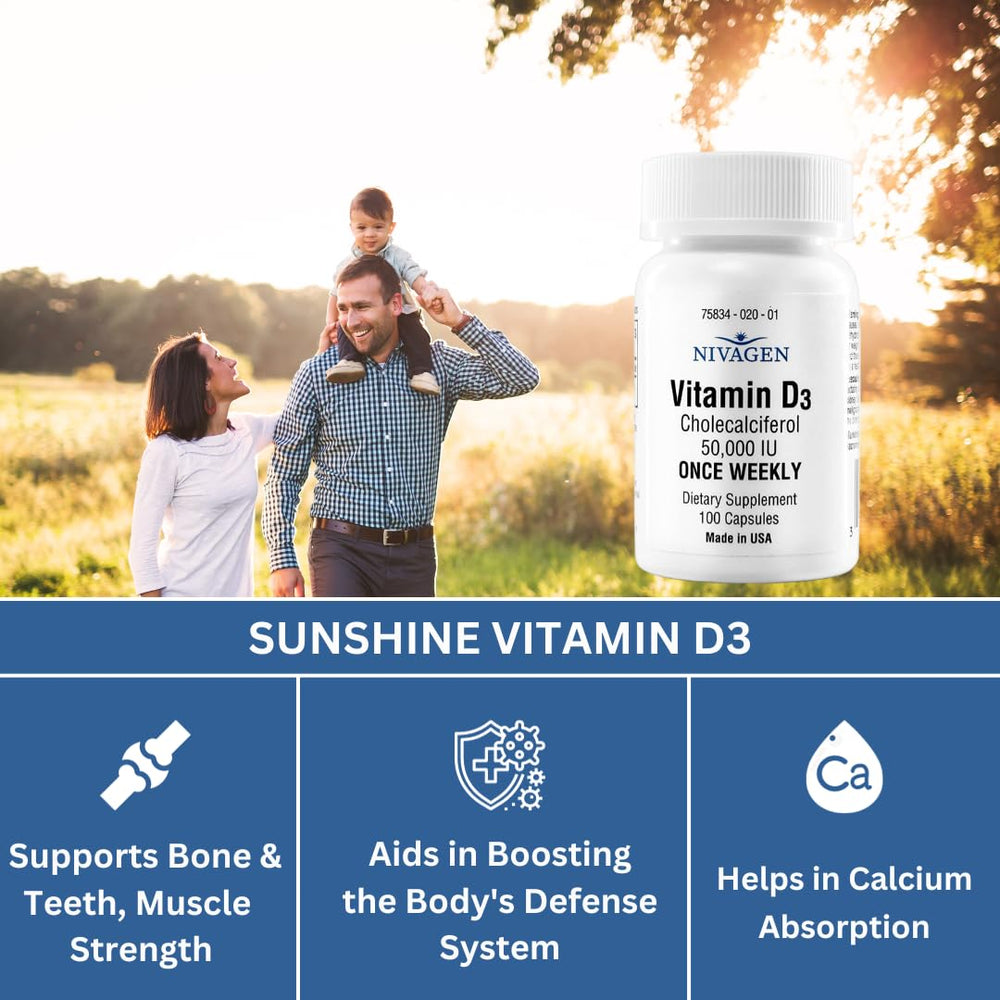 Nivagen D3 softgel capsules in a smooth, easy to swallow format