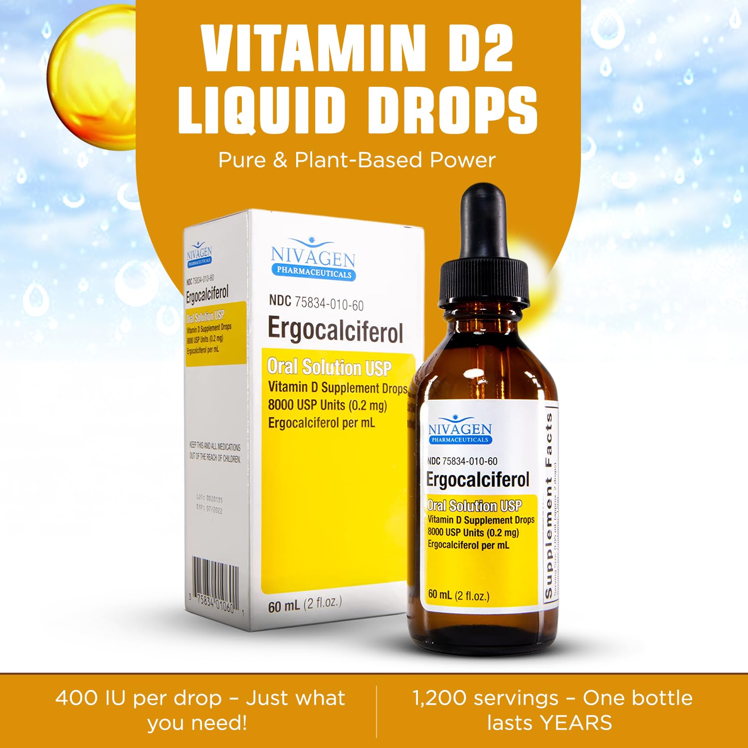 Nivagen Vitamin D2 dropper dispenses drops for easy daily intake.
