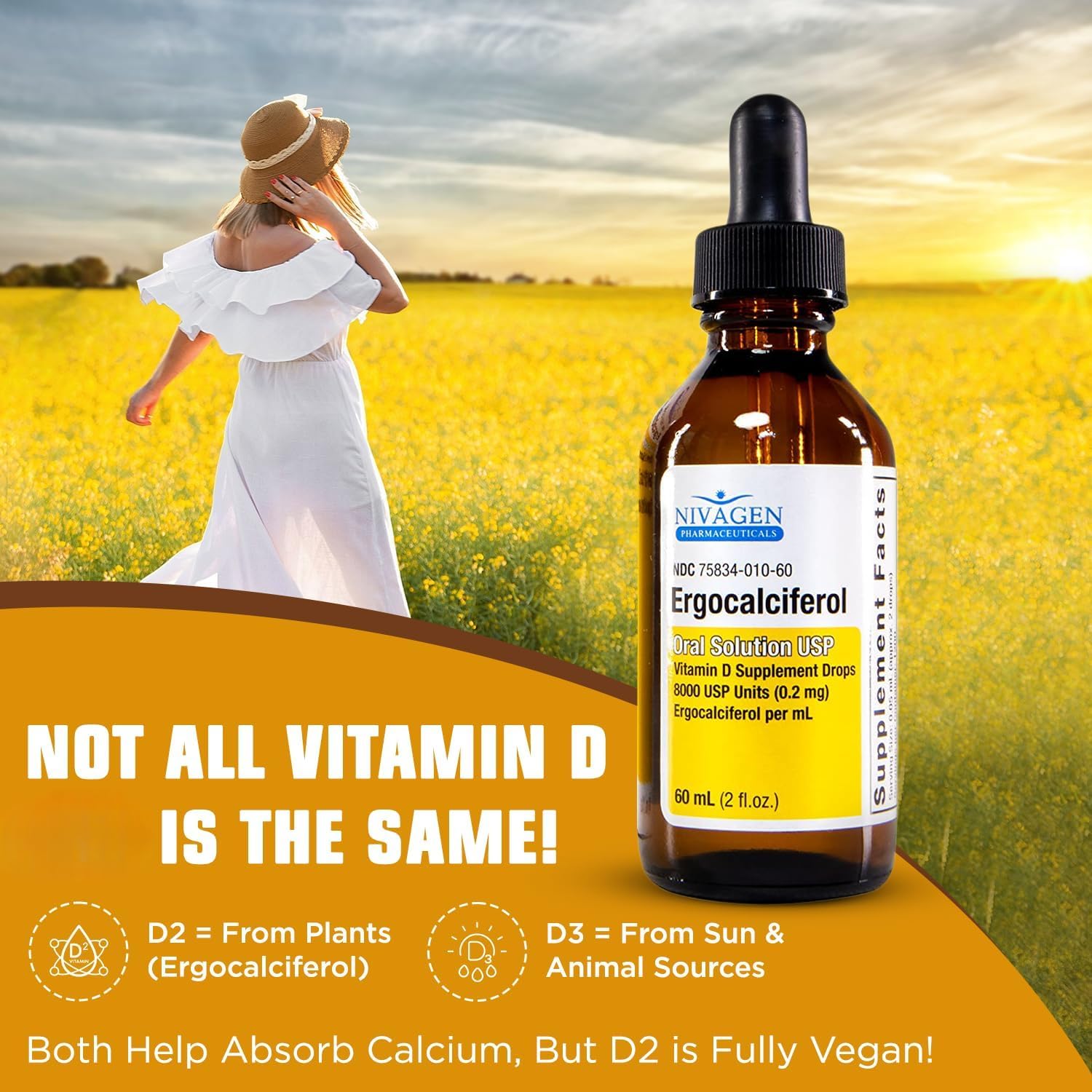 Nivagen Vitamin D2 label close-up highlights plant-based formula.