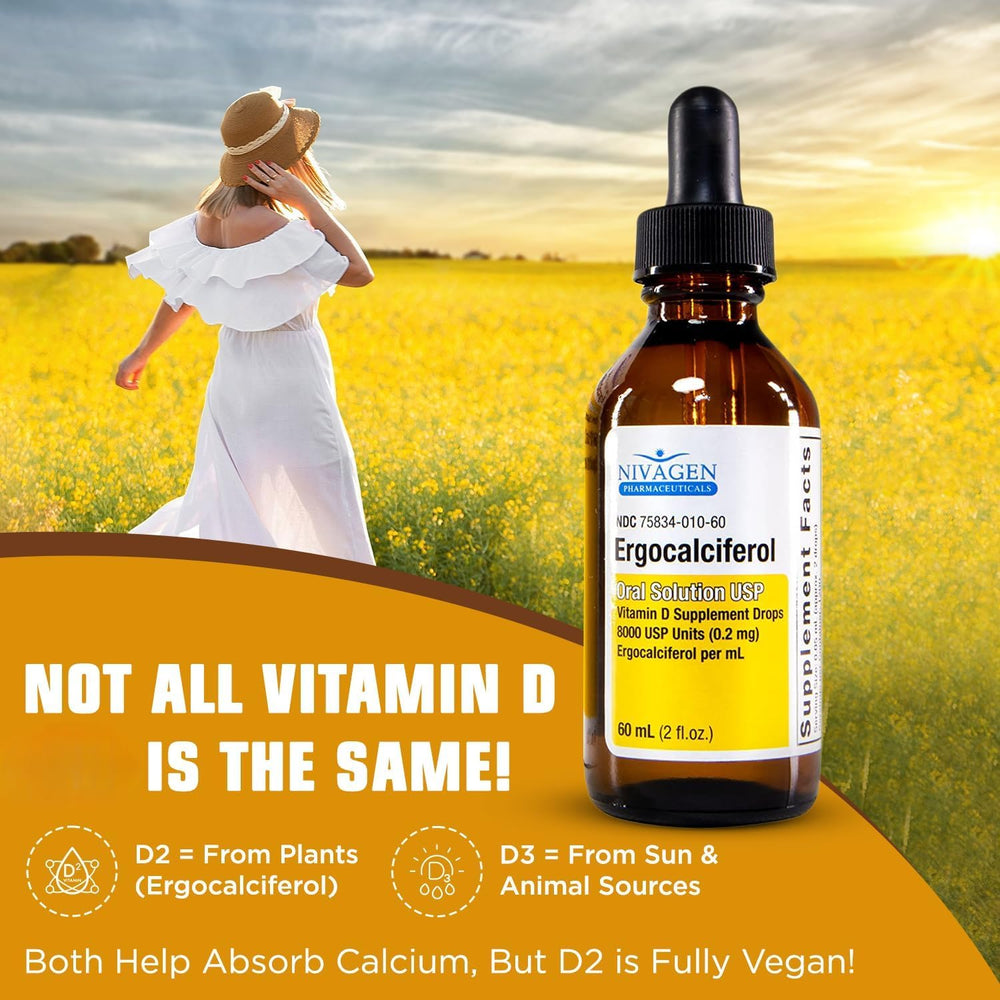 Nivagen Vitamin D2 label close-up highlights plant-based formula.