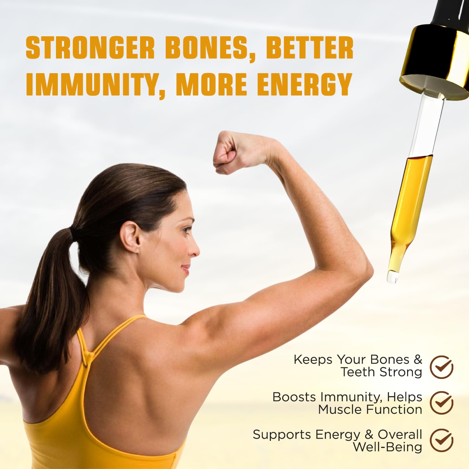 Nivagen Vitamin D2 pipette dispensing drops into beverage.