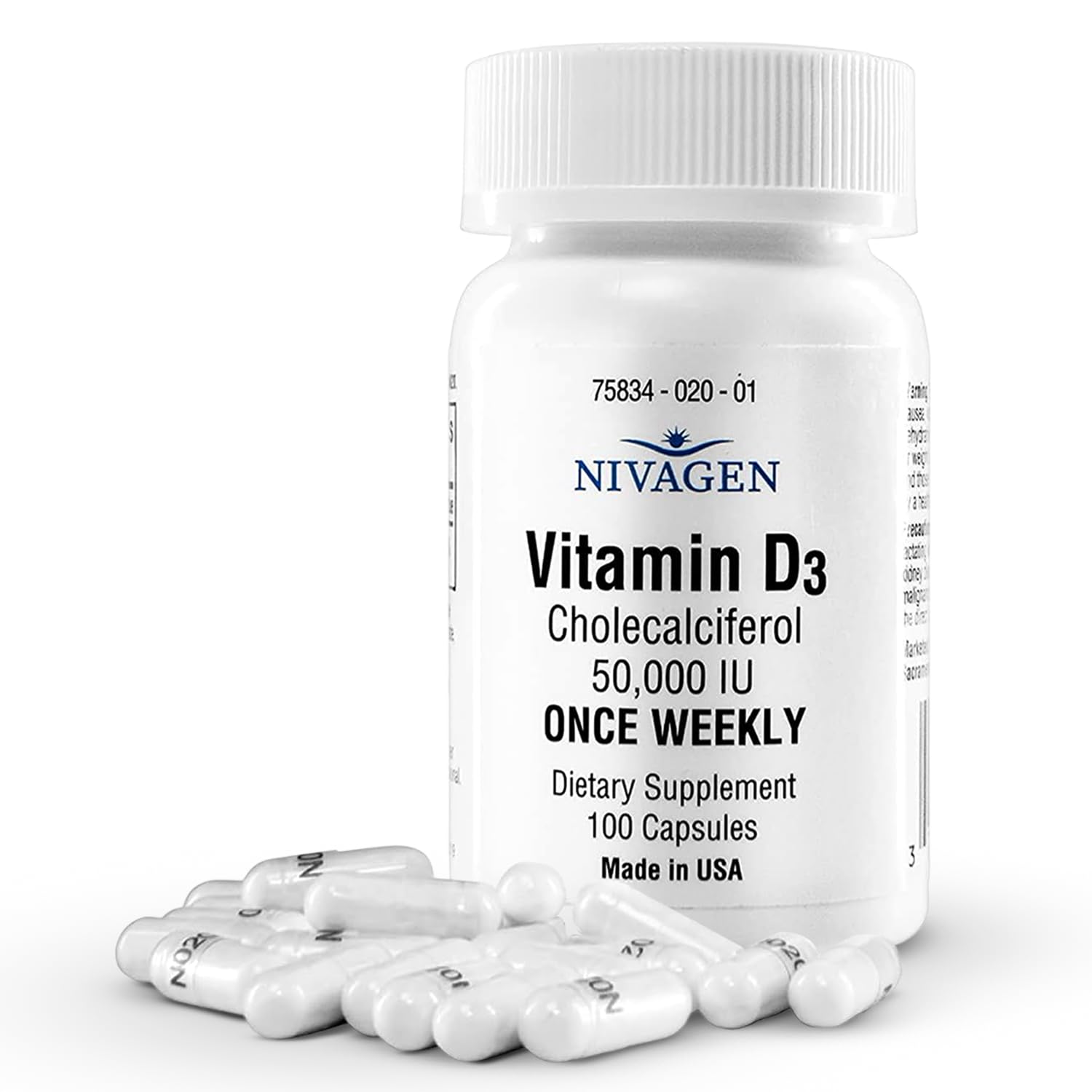 Nivagen Vitamin D3 bottle cap highlights the weekly 50 000 IU dose for consistency