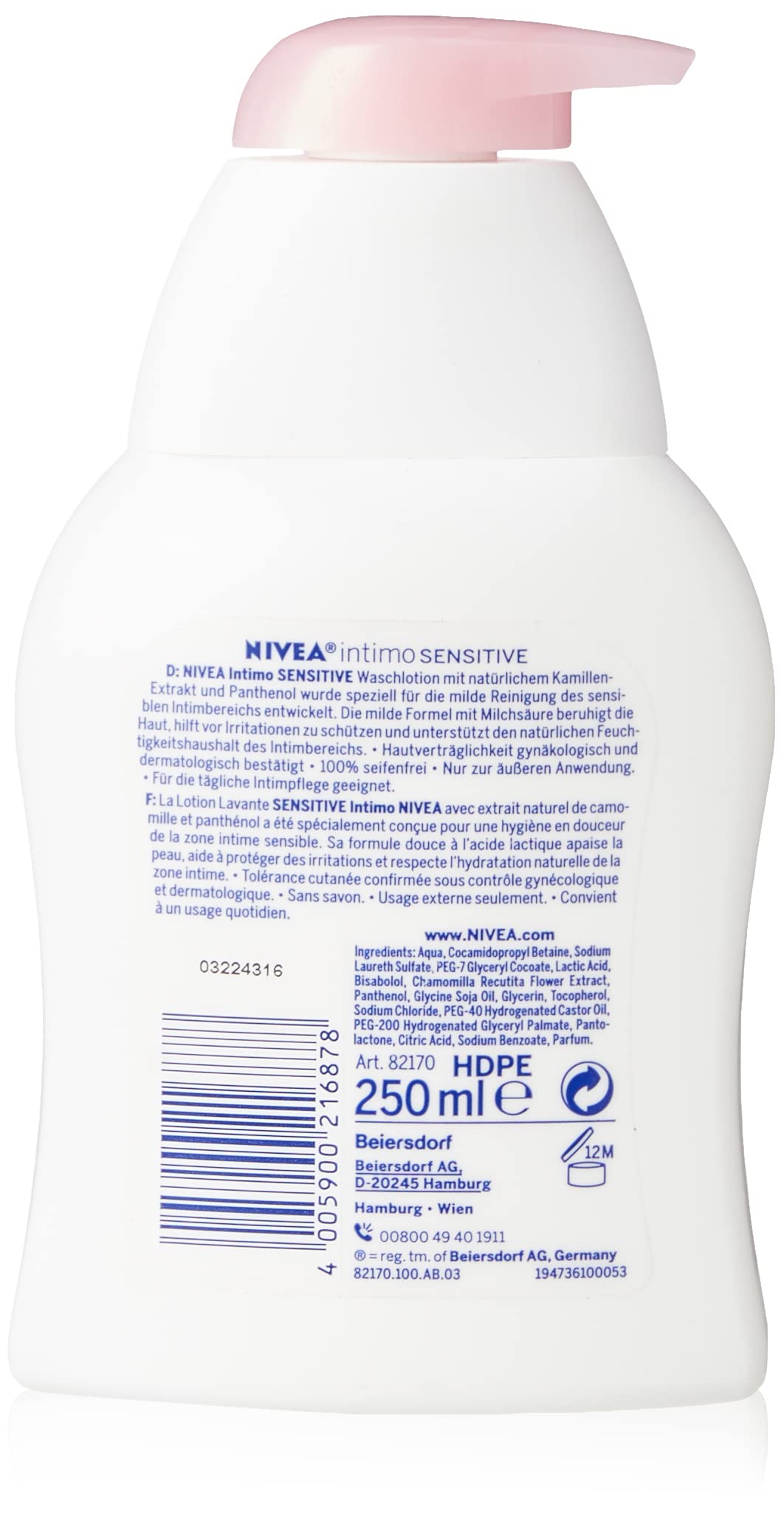 NIVEA Intimo Sensitive wash bottle front view with clear label.