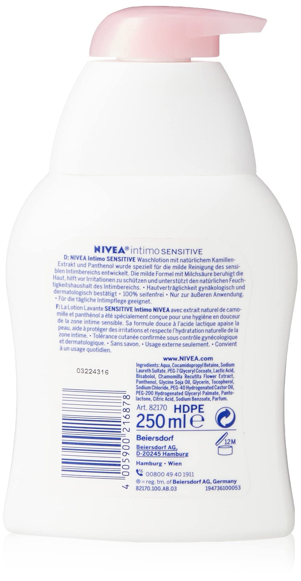 NIVEA Intimo Sensitive wash bottle front view with clear label.