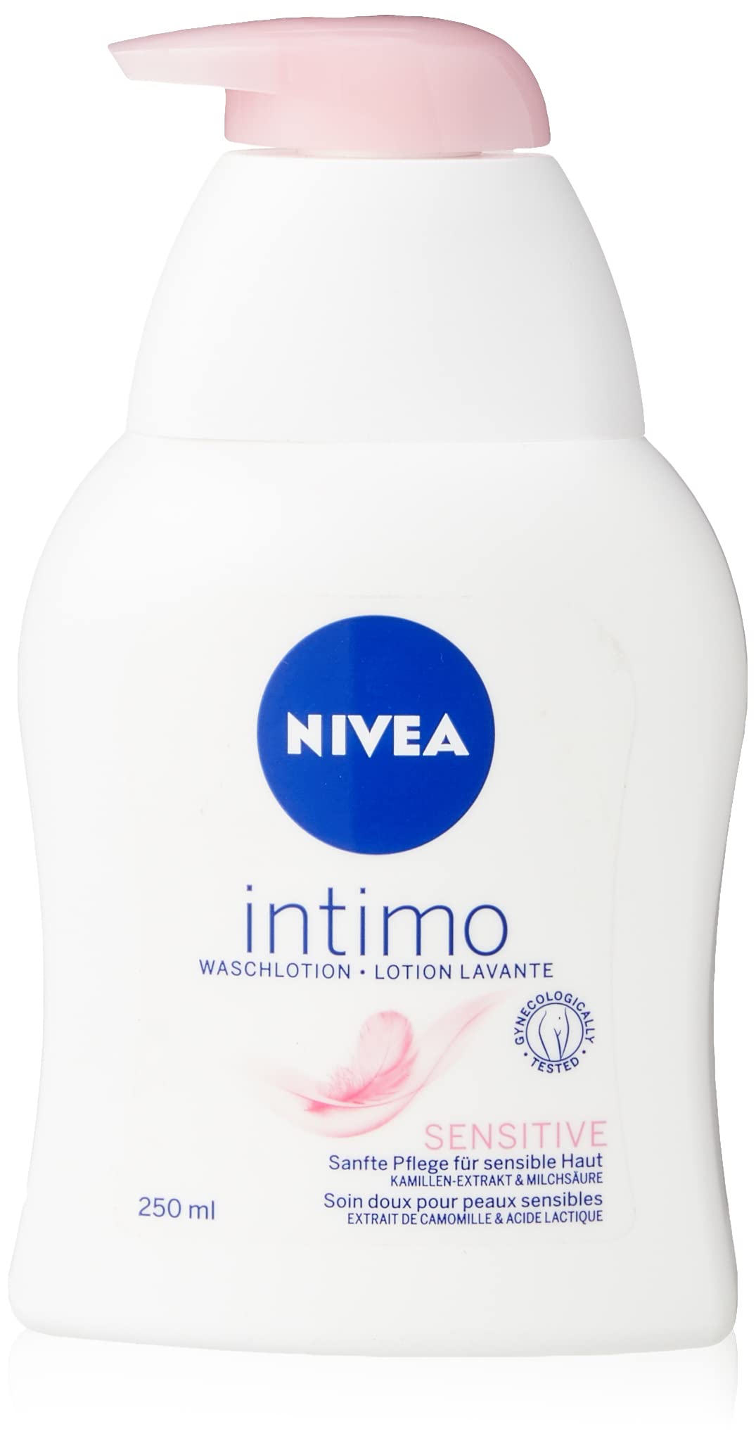 NIVEA Intimo Sensitive wash bottle with pump for easy, gentle cleansing.