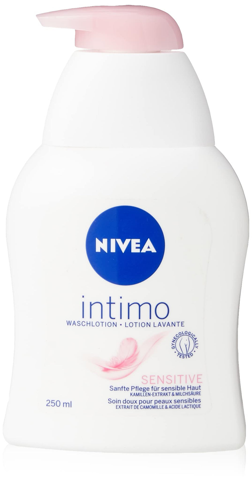 NIVEA Intimo Sensitive wash bottle with pump for easy, gentle cleansing.
