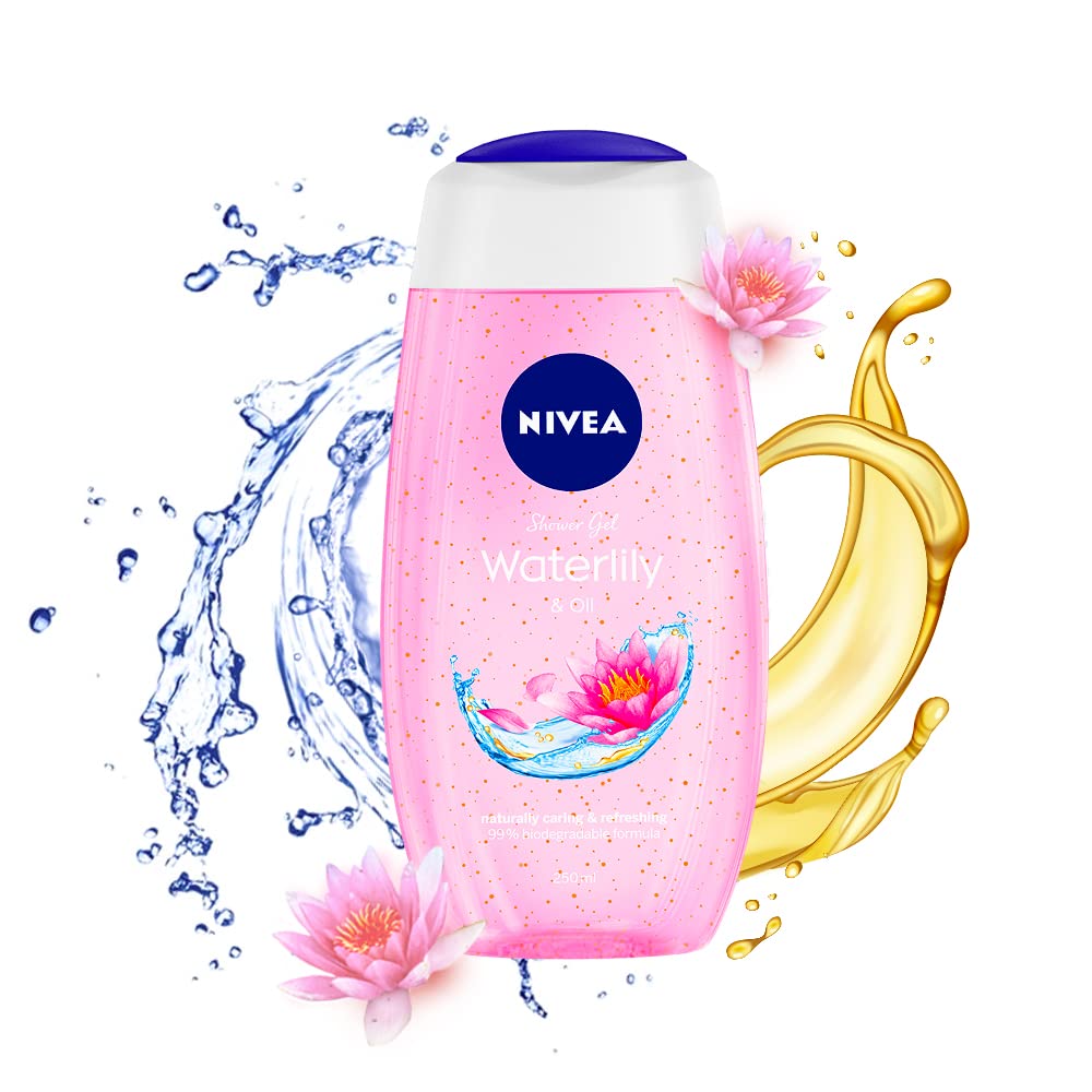 NIVEA Water Lily Oil Shower Gel bottle with moisturizing pearls for daily cleansing.