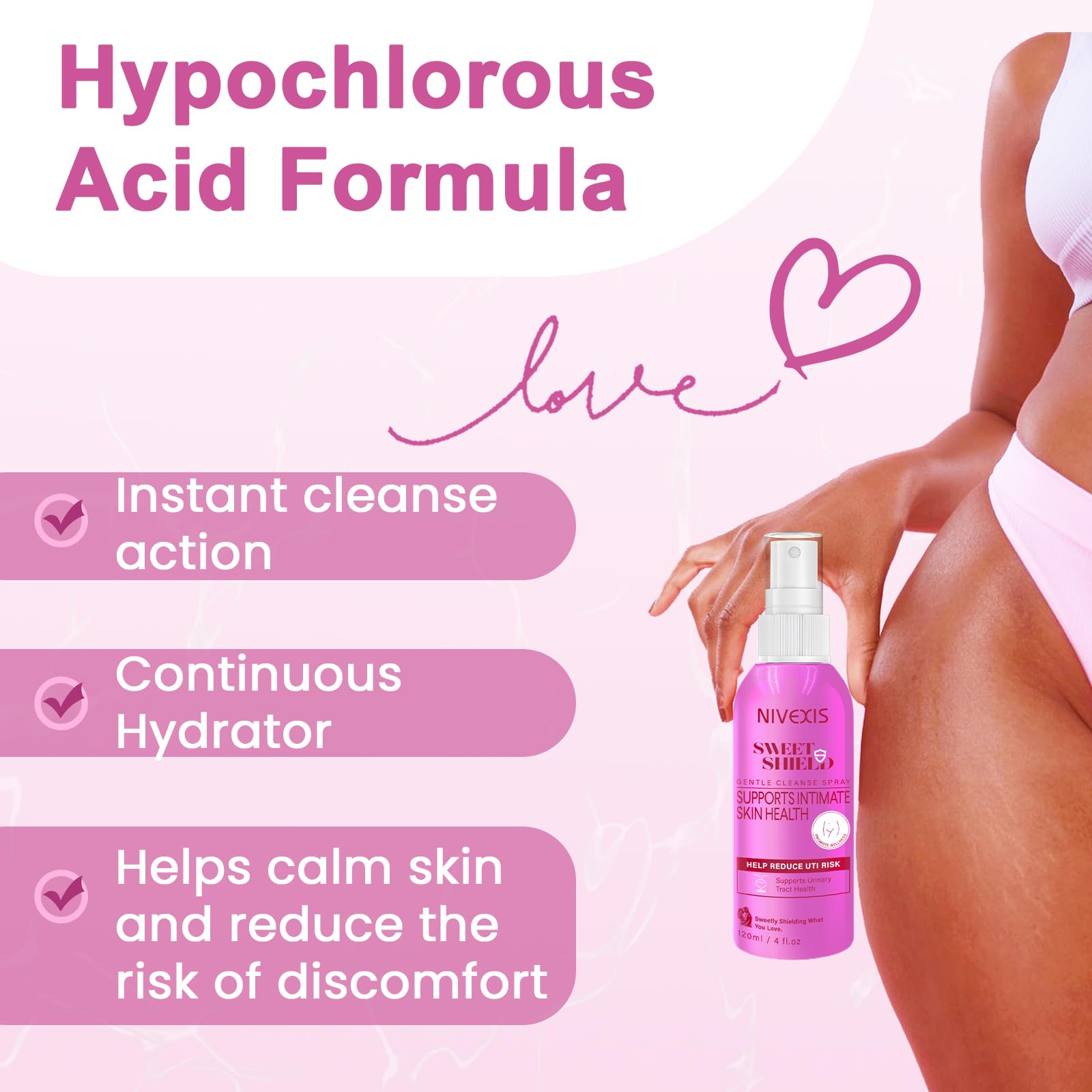 Nivexis Feminine Spray close-up highlights gentle, fragrance-free formula for sensitive skin