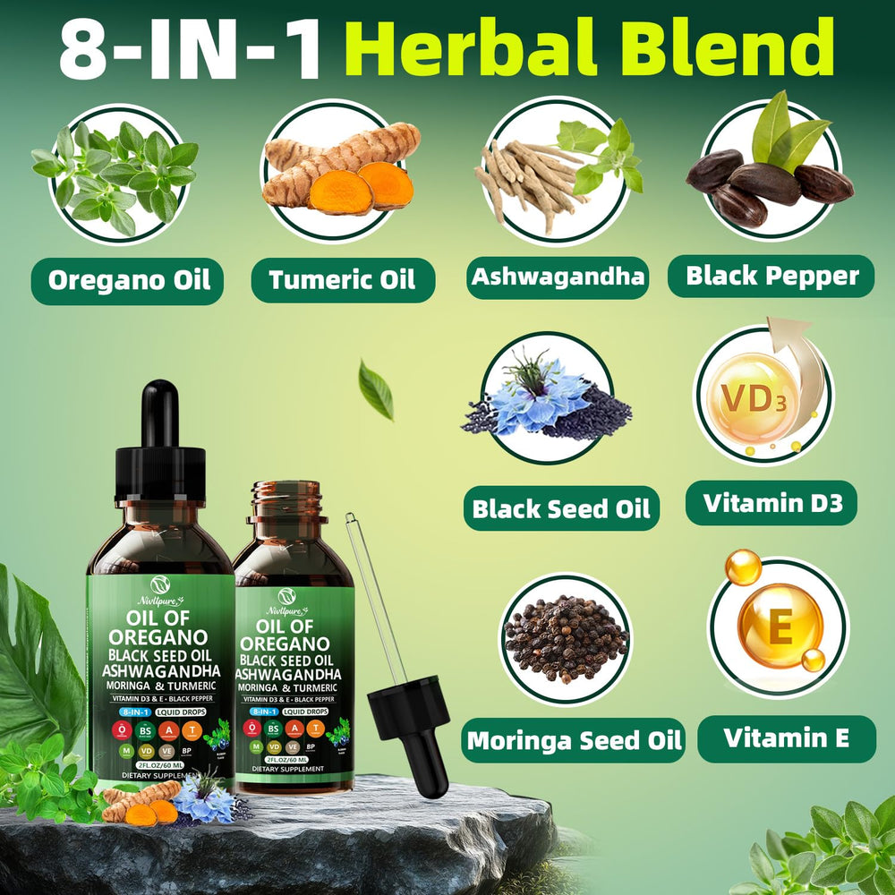 Nivltpure 8-in-1 botanical blend tincture label showcases comprehensive herbal formula