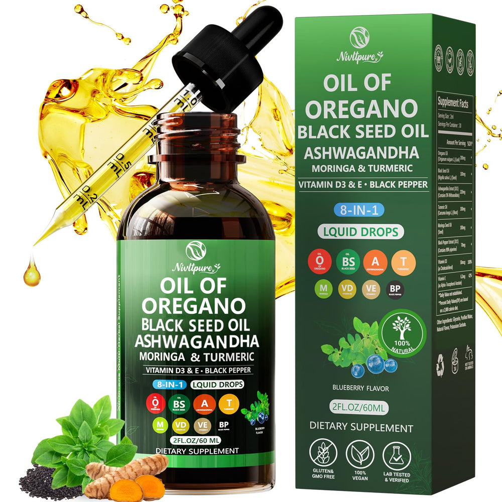 Nivltpure oil of oregano with black seed bottle pour for easy daily dosing
