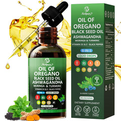 Nivltpure oil of oregano with black seed bottle pour for easy daily dosing