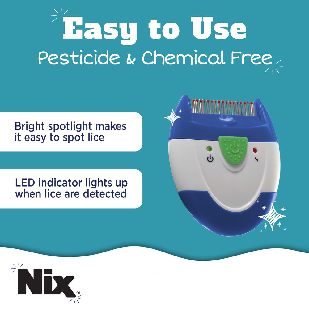 Nix Electronic Lice Comb used on dry hair for mess-free use.