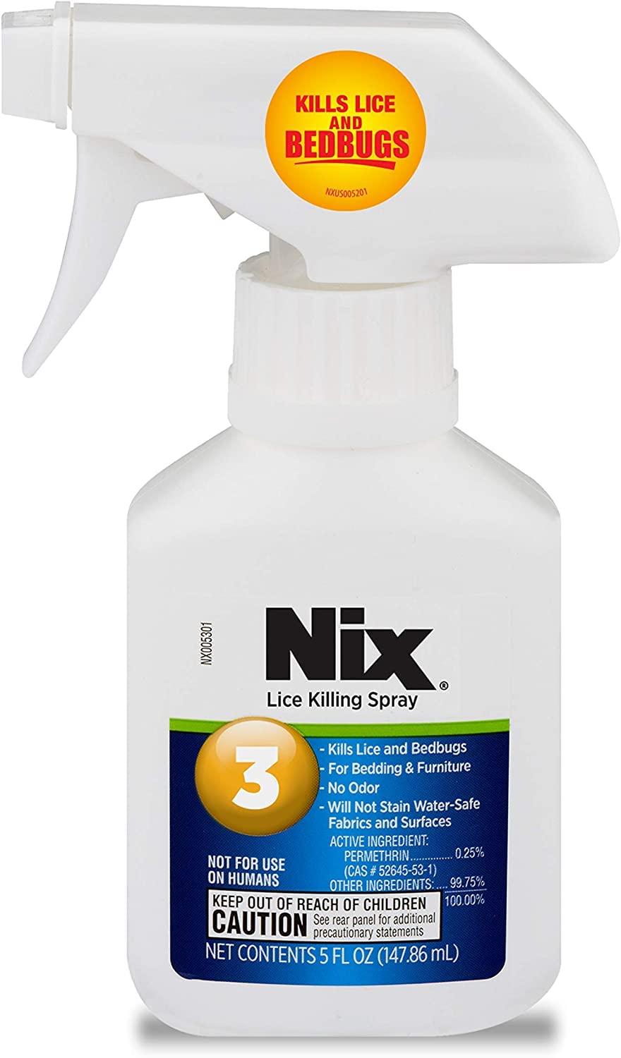 Nix Lice & Bed Bug Killing Spray on furniture shows odorless, quick-drying pest control
