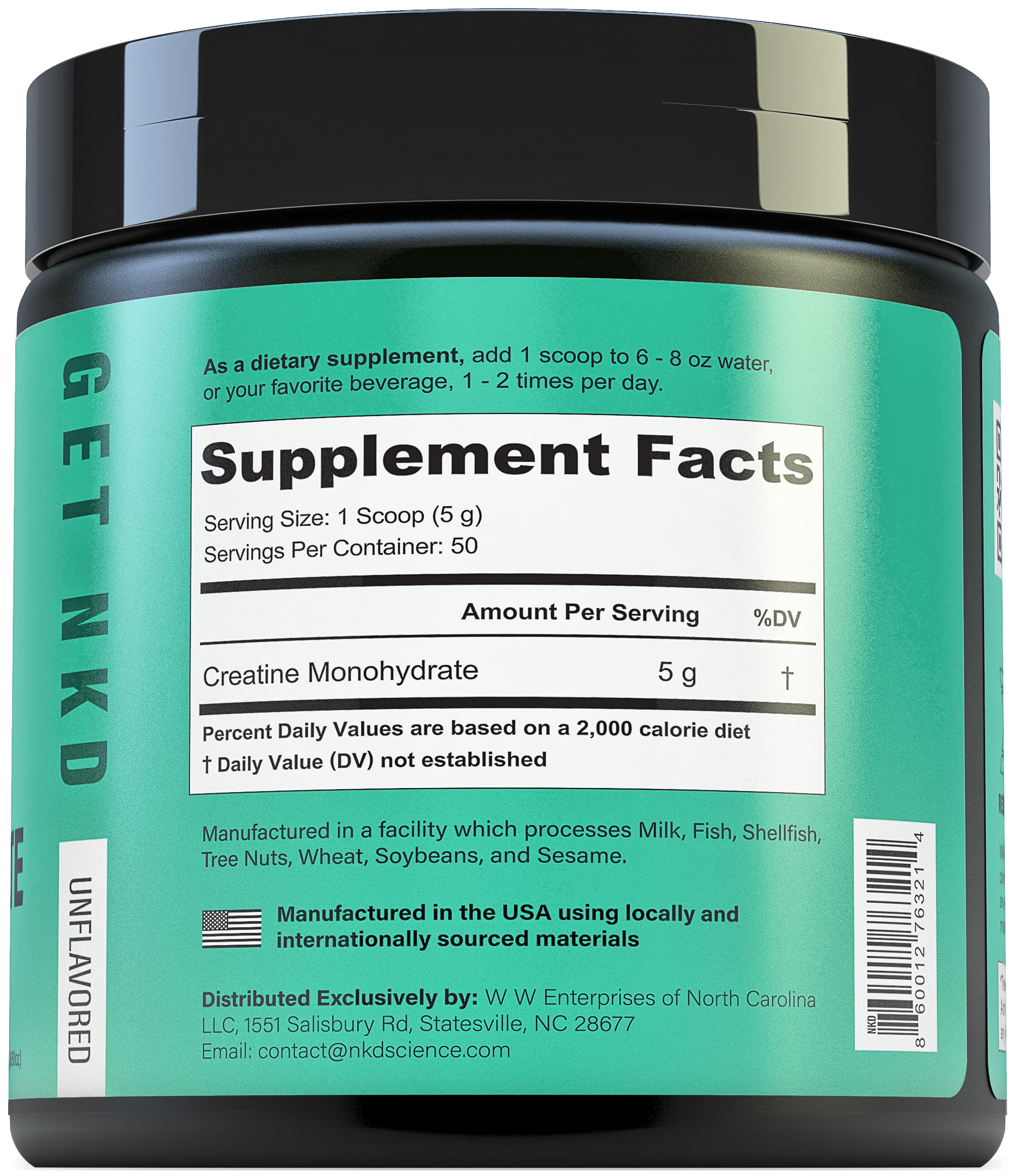 NKDScience Creatine Monohydrate bottle resting on a gym setup for reliability