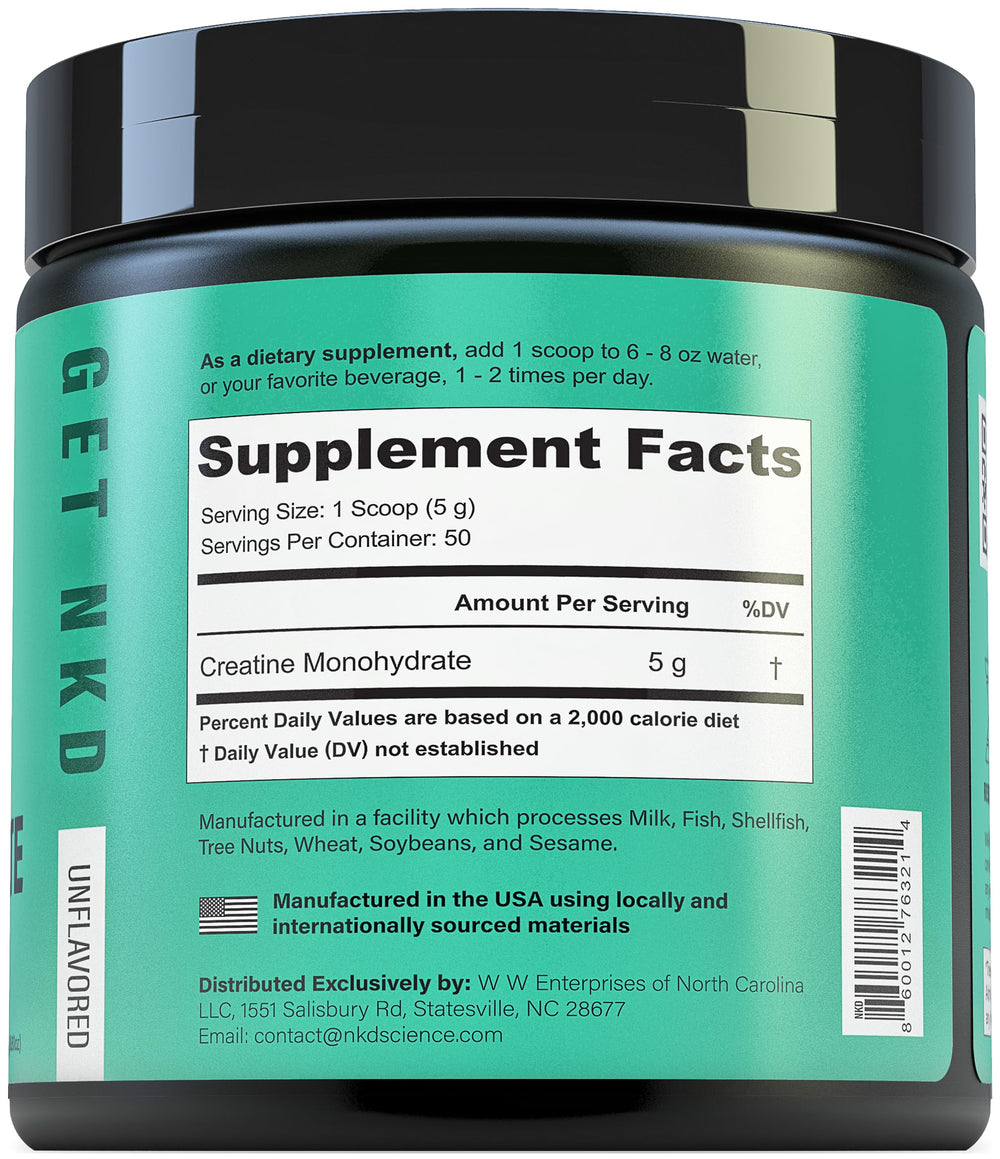 NKDScience Creatine Monohydrate bottle resting on a gym setup for reliability