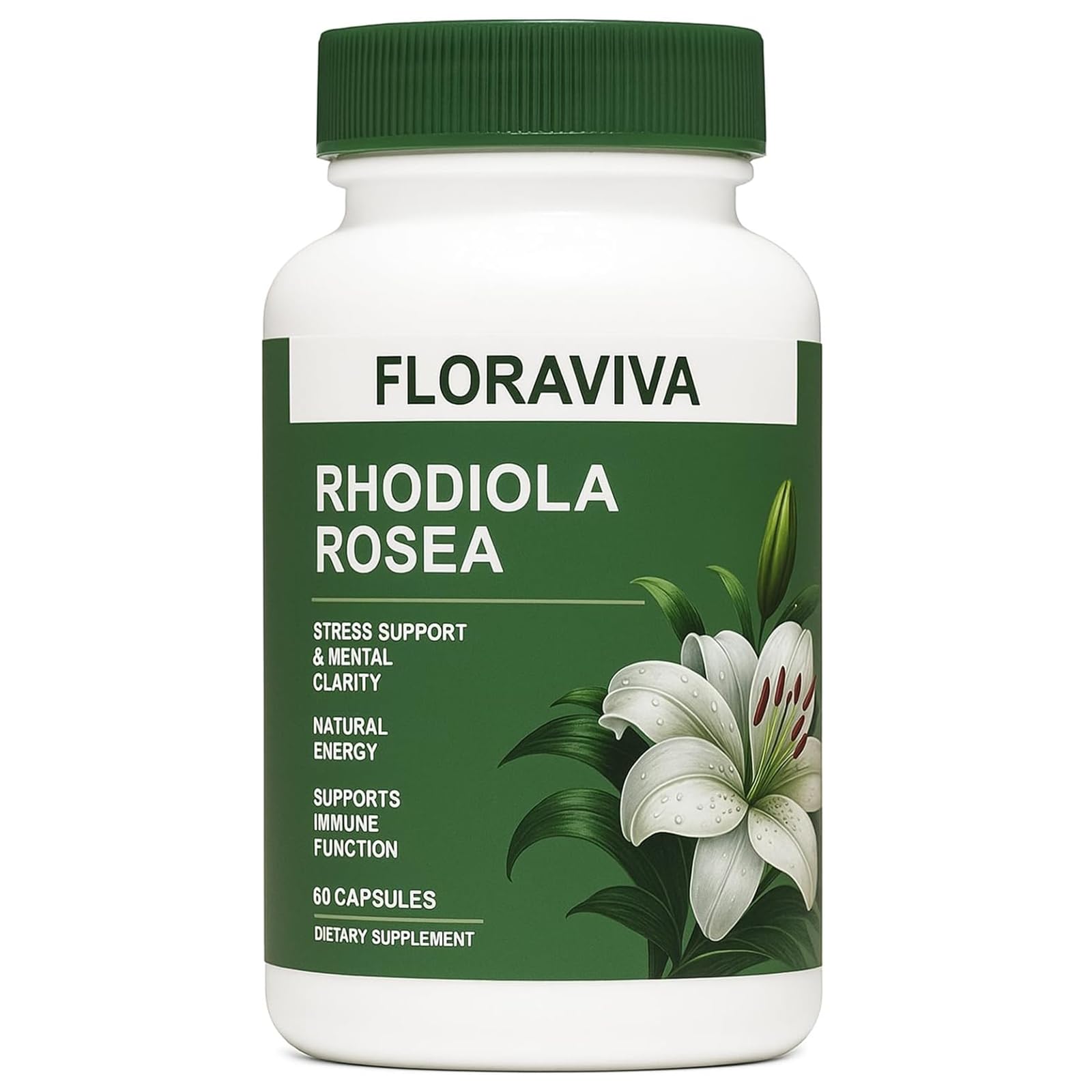 No Bald Floraviva Rhodiola 500mg bottle front view promotes natural energy.