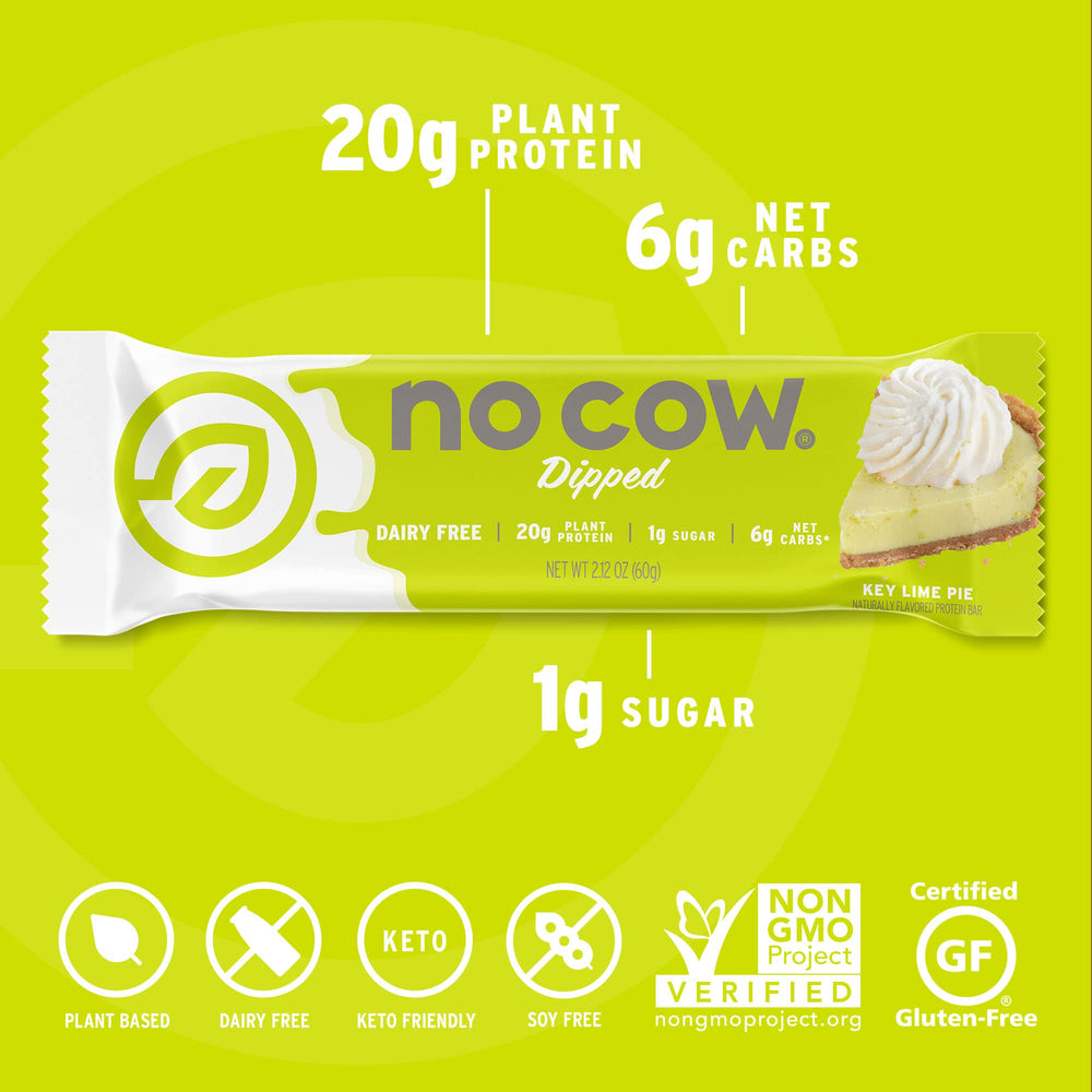 No Cow Key Lime Pie bar nutrition panel emphasizes 1g sugar and high fiber.