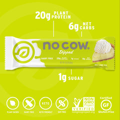 No Cow Key Lime Pie bar nutrition panel emphasizes 1g sugar and high fiber.