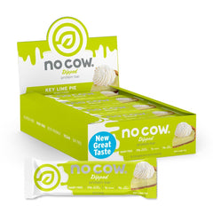 No Cow Key Lime Pie bar packshot highlights 20g vegan protein for active days.