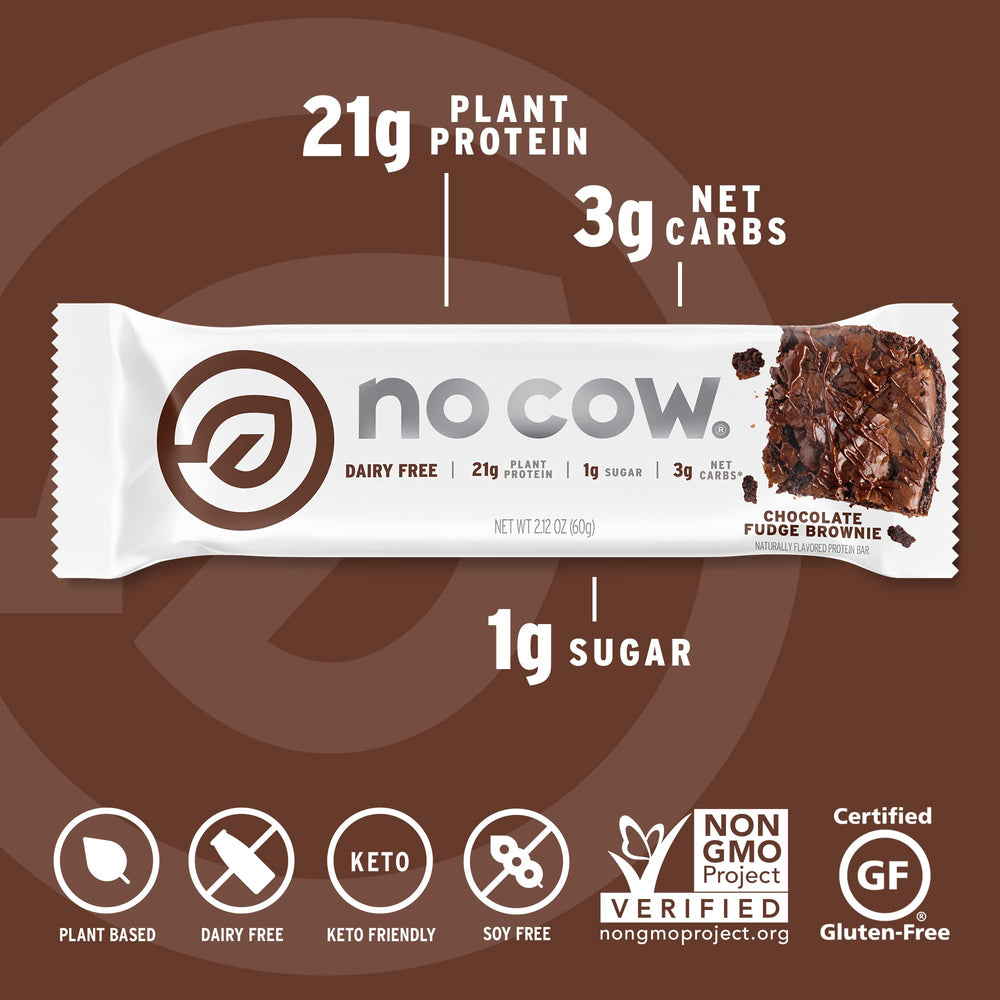 No Cow vegan protein bar close-up texture highlighting chewy, chocolatey center.