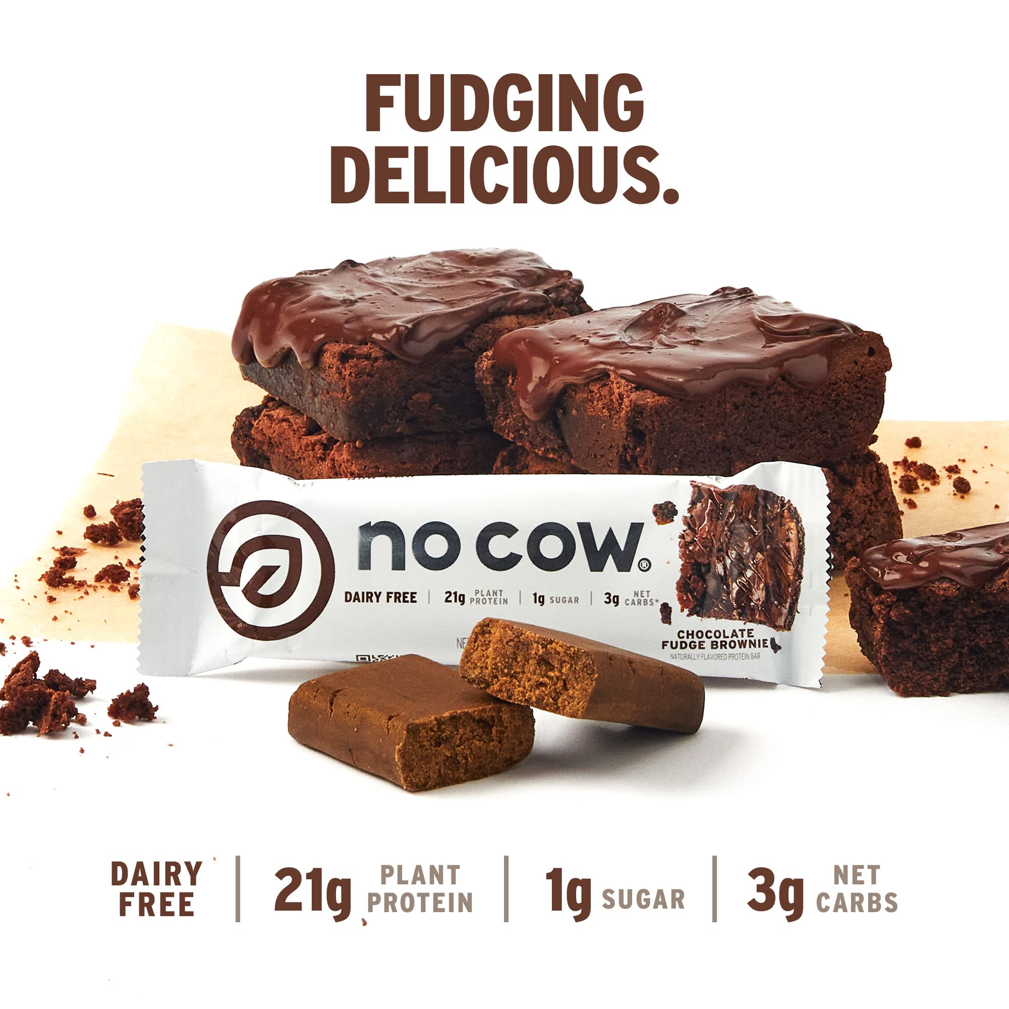 No Cow vegan protein bar nutrition panel showing 20g protein and low sugar.
