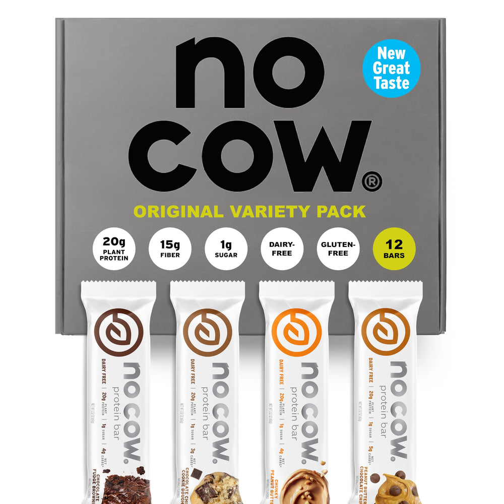 No Cow vegan protein bars upgraded original pack box, ideal for quick, protein-rich snacking