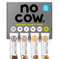 No Cow vegan protein bars upgraded original pack box, ideal for quick, protein-rich snacking