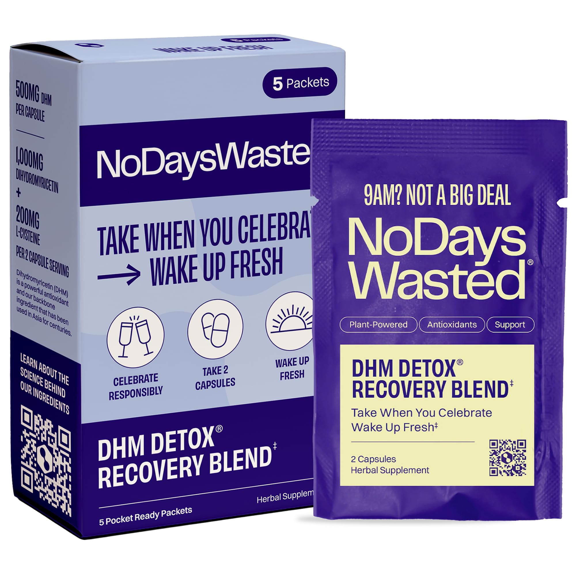 No Days Wasted DHM Detox 5 packaging shown, easy evening supplement for next-day freshness.