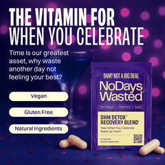 Hand holding DHM Detox 5 packets, portable nightly ritual after a night out.