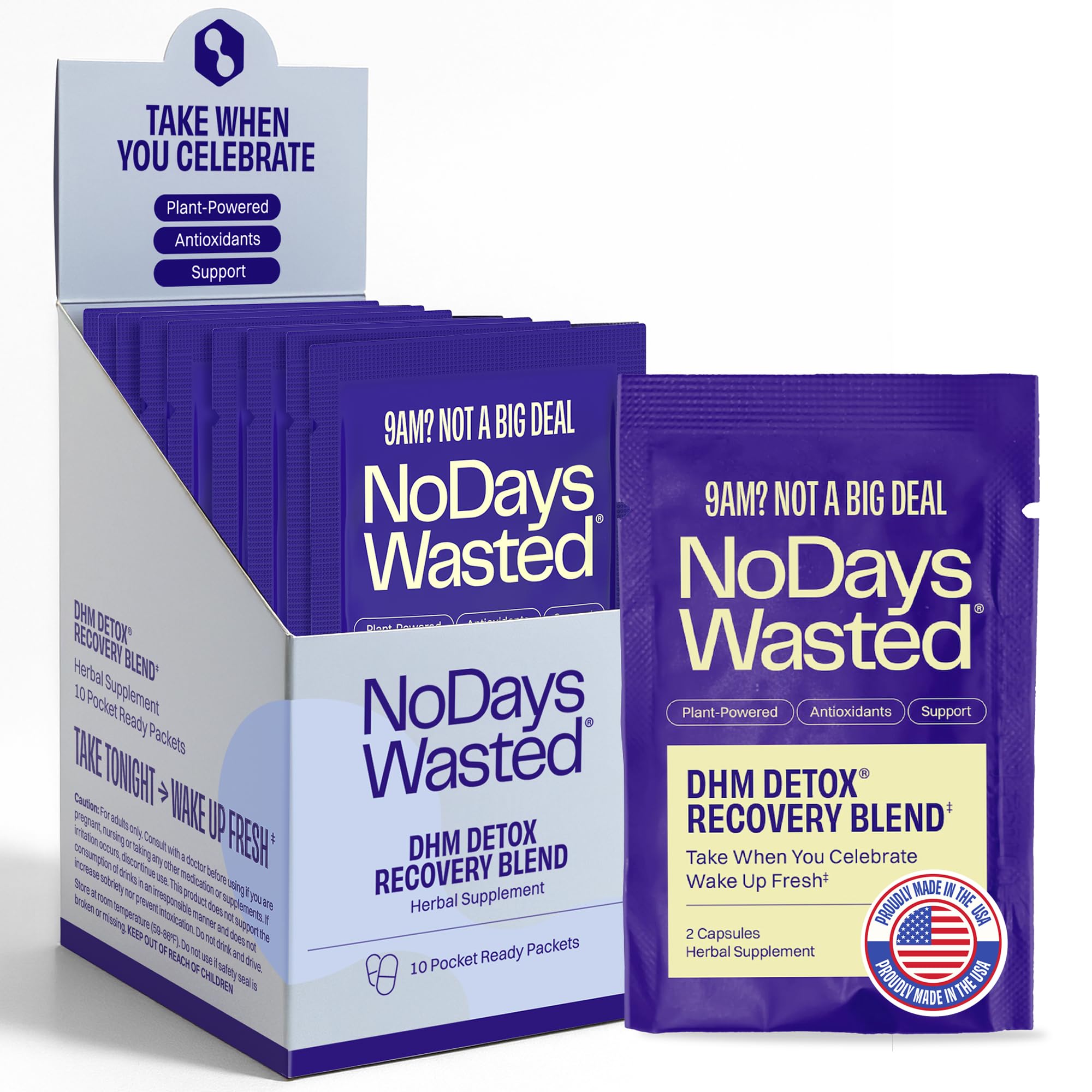 No Days Wasted DHM Detox bottle cap close-up with easy-to-swallow capsules