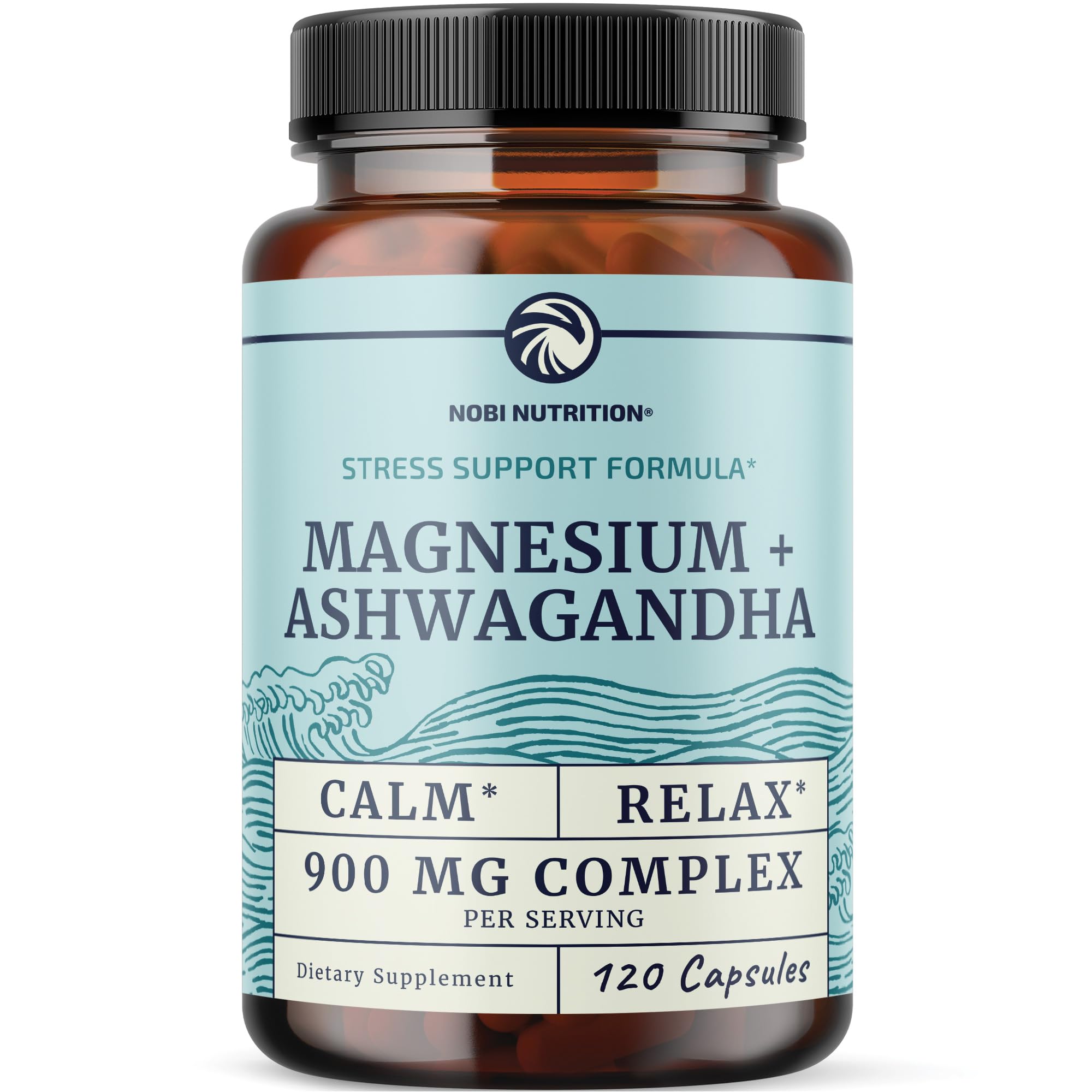 Nobi Nutrition Magnesium Ashwagandha bottle on desk for calm daily routine.