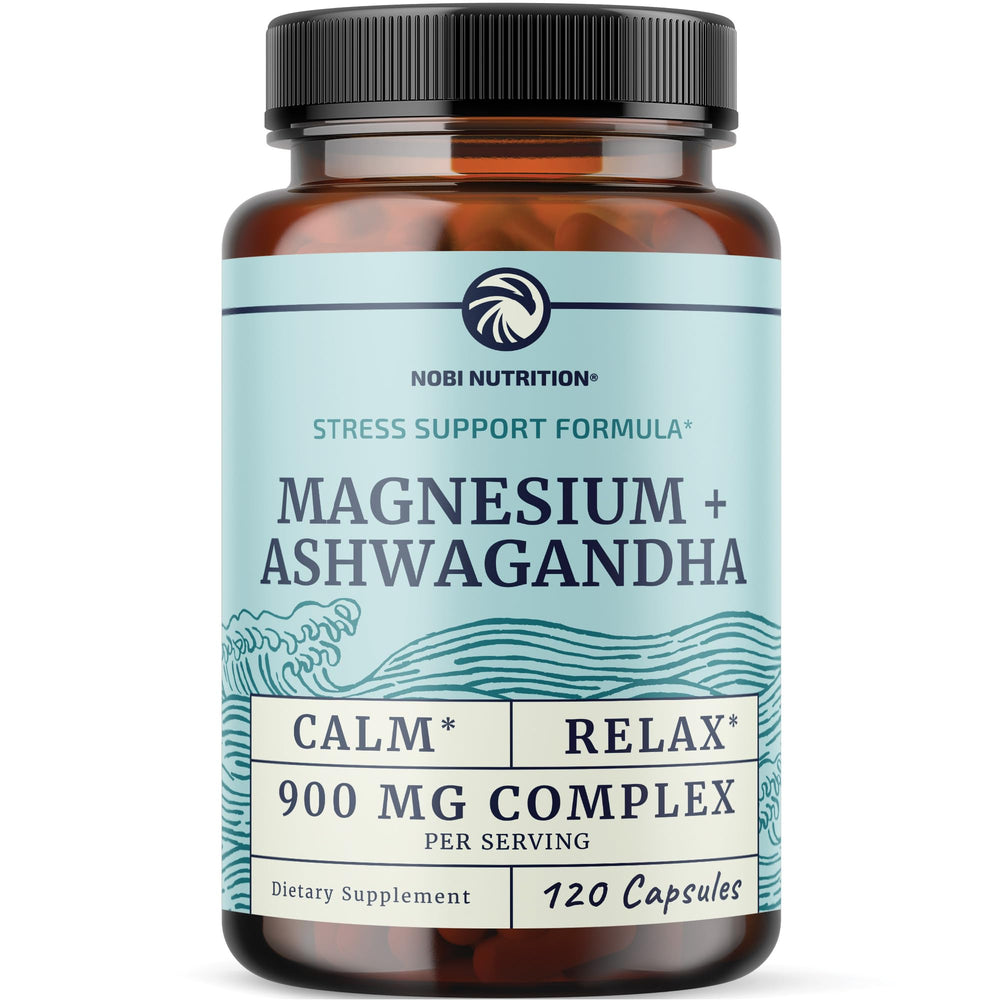 Nobi Nutrition Magnesium Ashwagandha bottle on desk for calm daily routine.