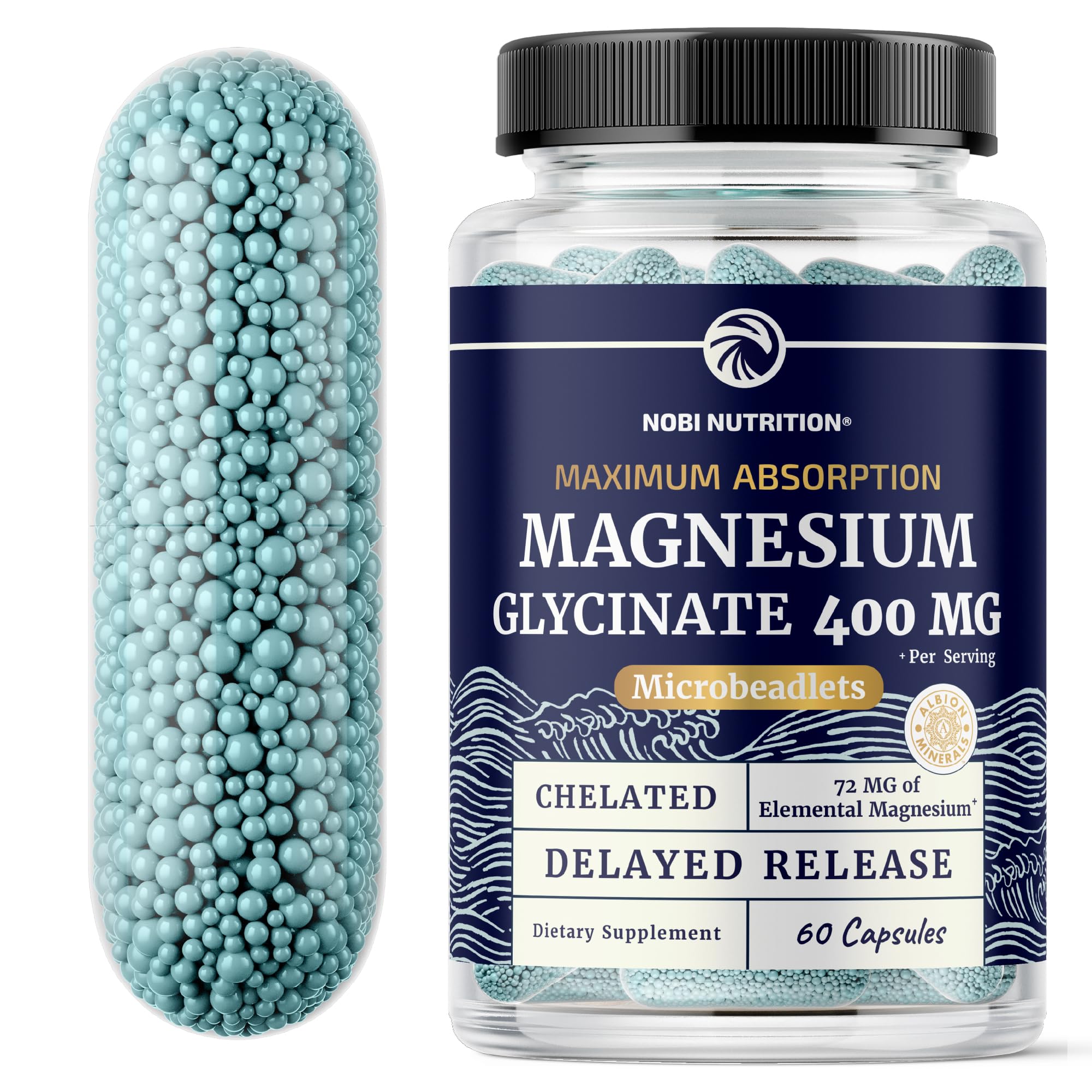 Nobi Nutrition Magnesium Glycinate 400mg bottle front highlights premium absorption