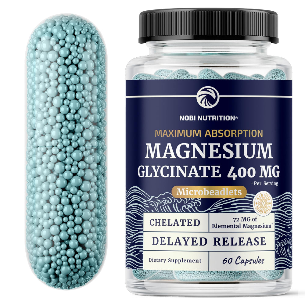 Nobi Nutrition Magnesium Glycinate 400mg bottle front highlights premium absorption