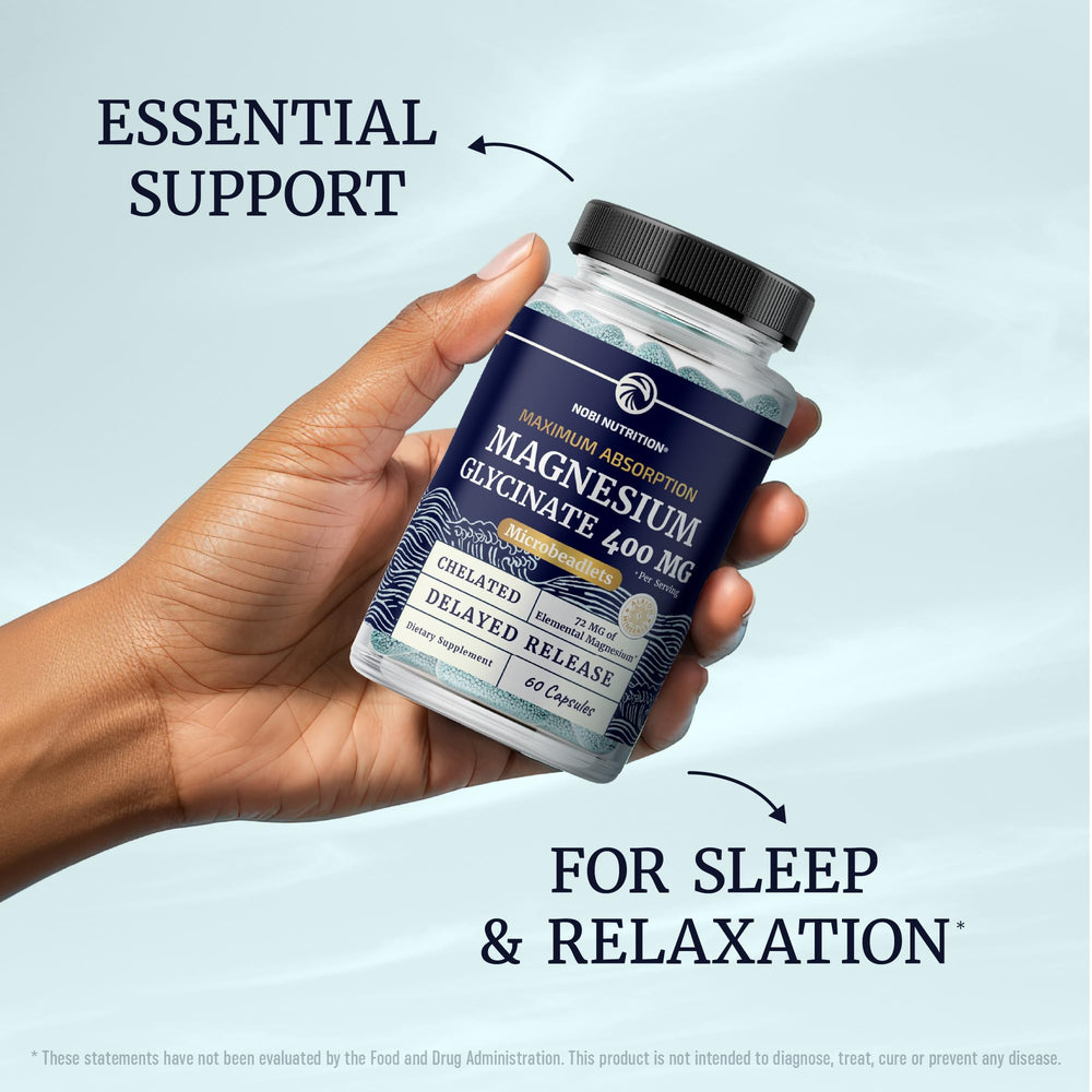 Nobi Magnesium Glycinate night-use scene with glass of water suggests sleep support