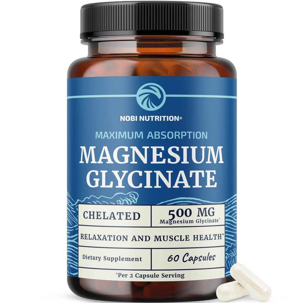 Nobi Nutrition Magnesium Glycinate 500mg bottle highlighting high absorption formula for daily use.