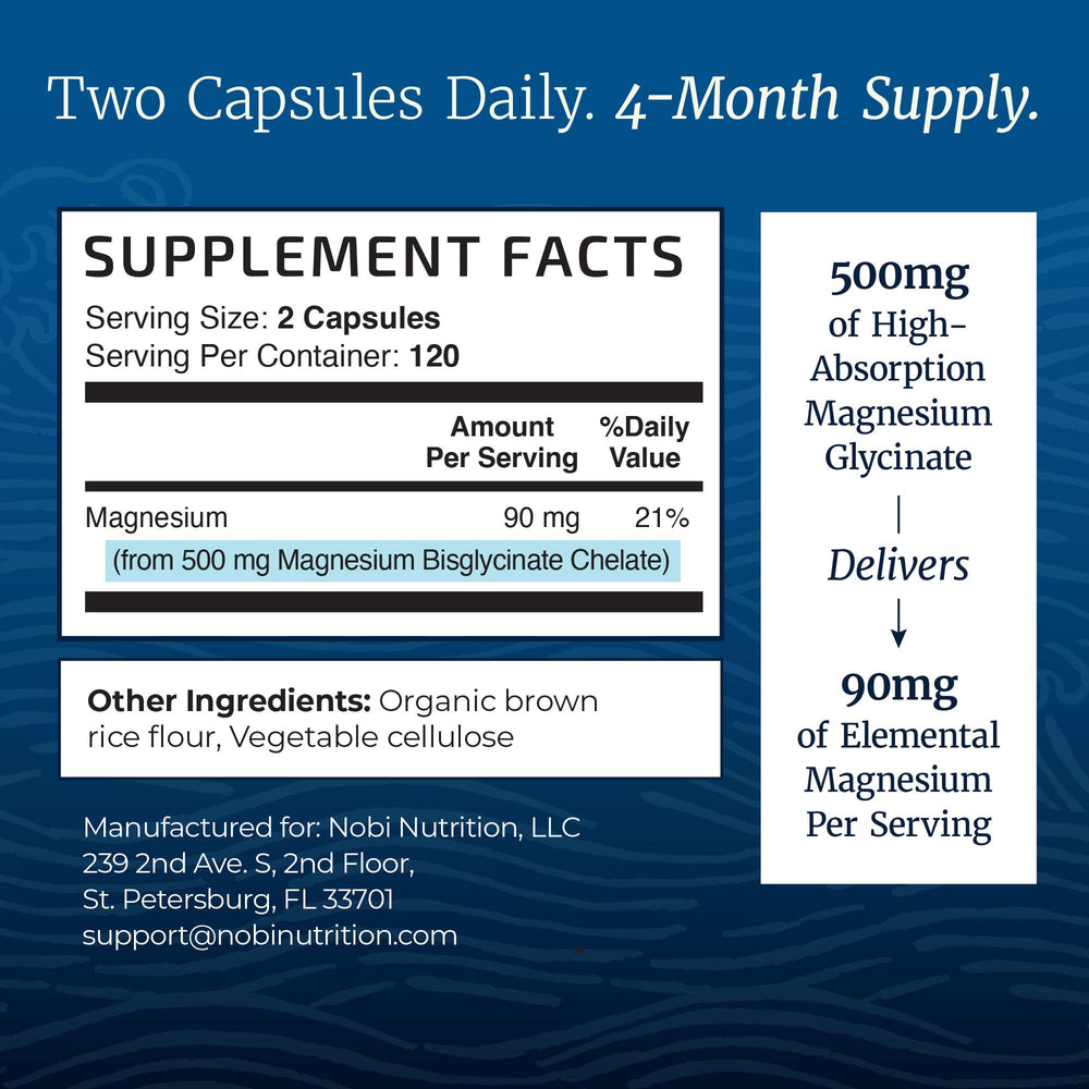 Nobi Magnesium Glycinate capsules closeup shows smooth, easy-to-swallow form.