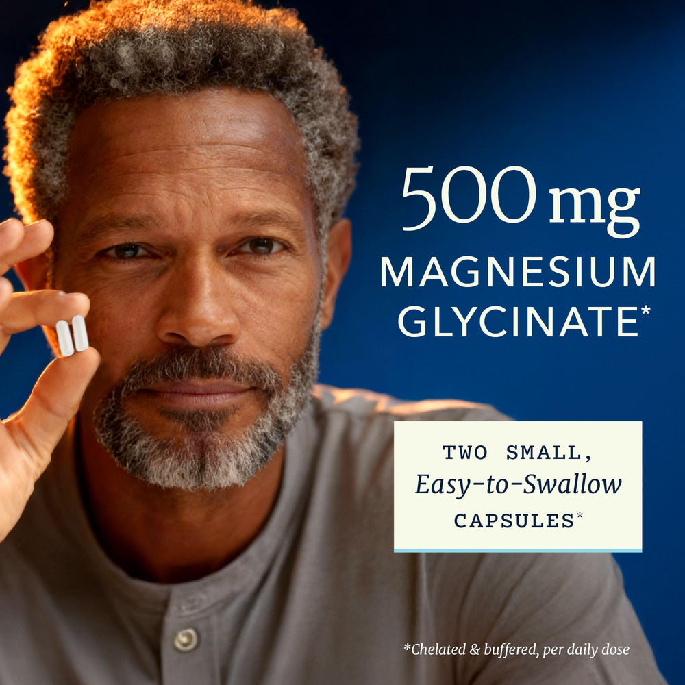 Label close-up on Nobi Magnesium Glycinate emphasizing chelated bisglycinate structure.